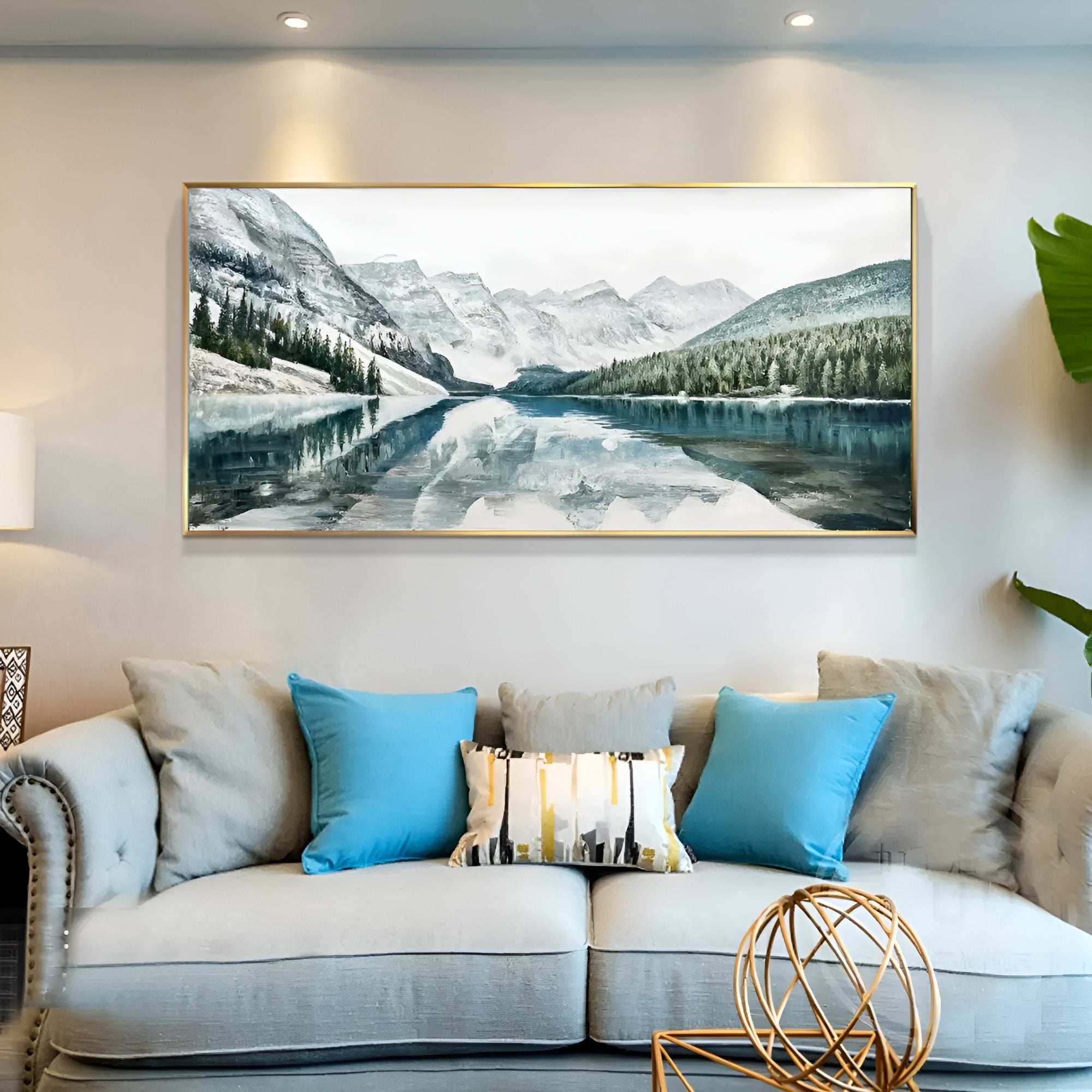 Large watercolor mountain scene with a peaceful lake, adding a touch of nature to any contemporary space.
