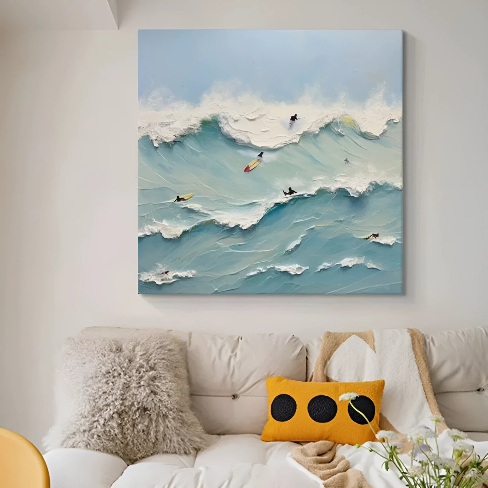 Modern surf art with a coastal vibe – Acrylic painting of a surfing scene in calming aqua tones, great for beach houses, surf shops, or relaxed lounges.