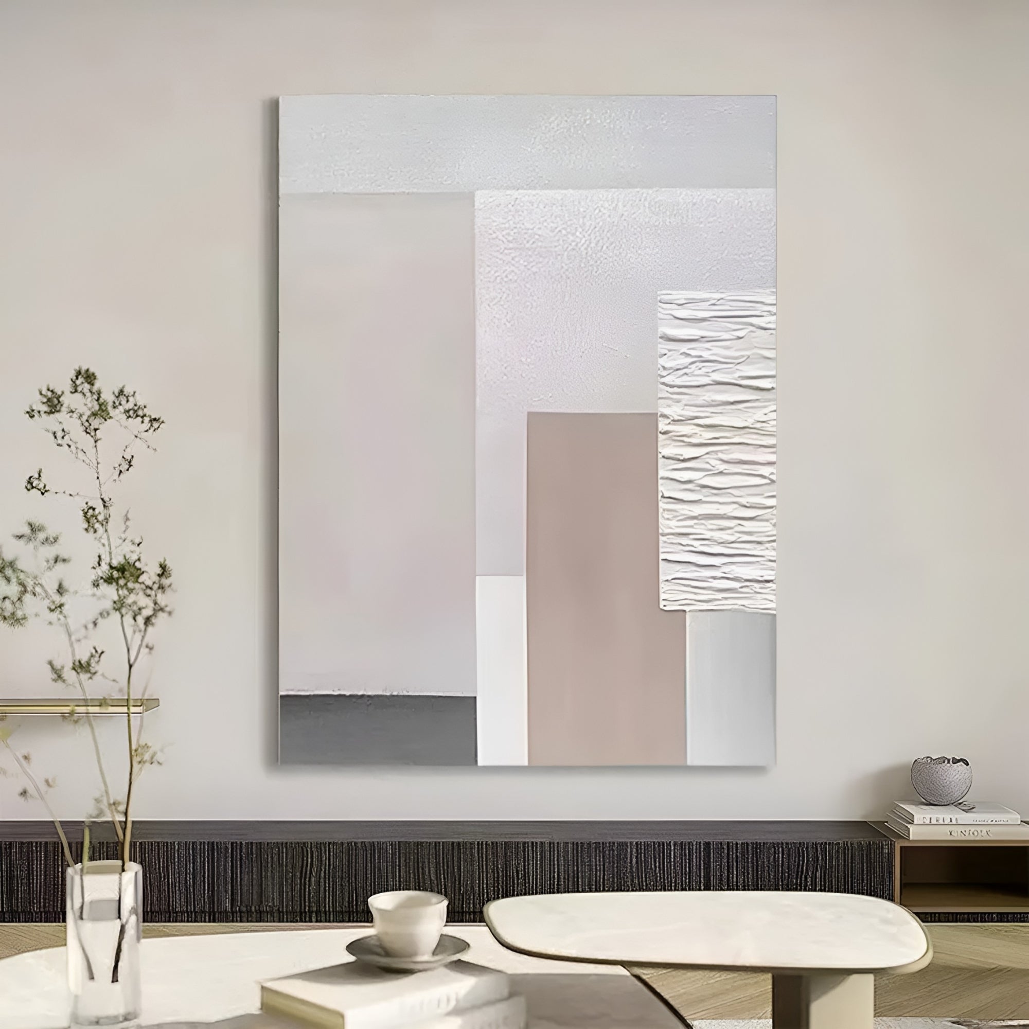 Handmade abstract wall art featuring geometric forms in beige, white, and gray. Ideal for contemporary and minimalist spaces.