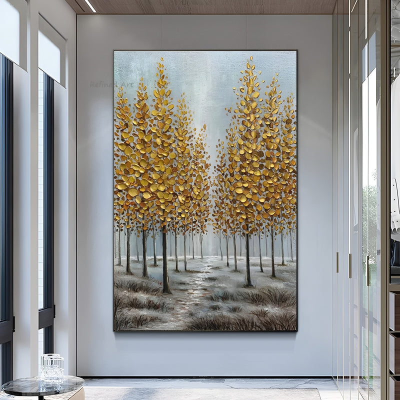 Handmade oil painting of golden autumn trees in a misty forest, perfect wall decor for cozy modern interiors.