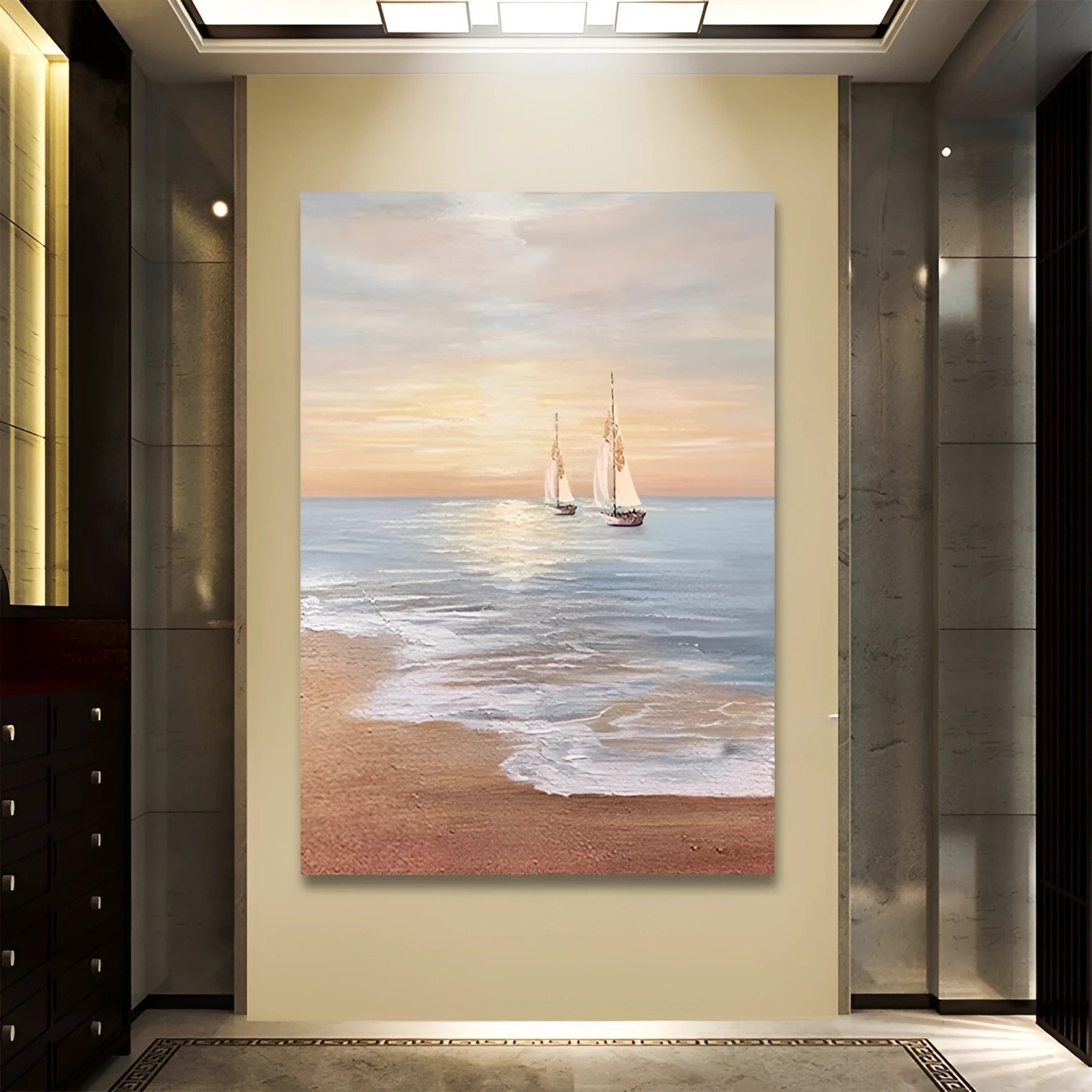 Elegant sailboats drift peacefully on calm ocean waters under a soft golden sunset, captured in a large canvas hung in a refined hallway.