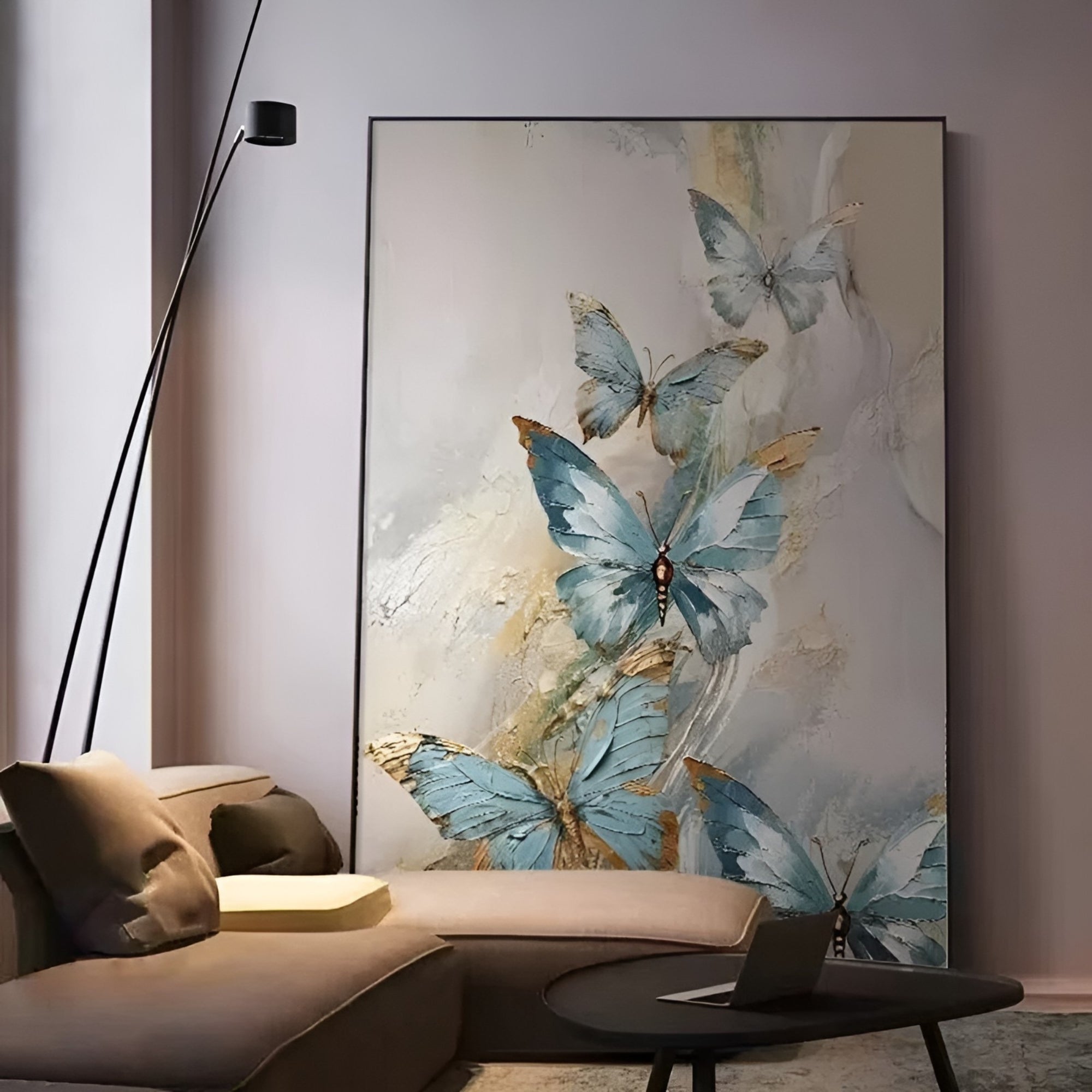 Artistic butterfly wall art, handmade in oil, featuring delicate blue hues for a calming room atmosphere.
