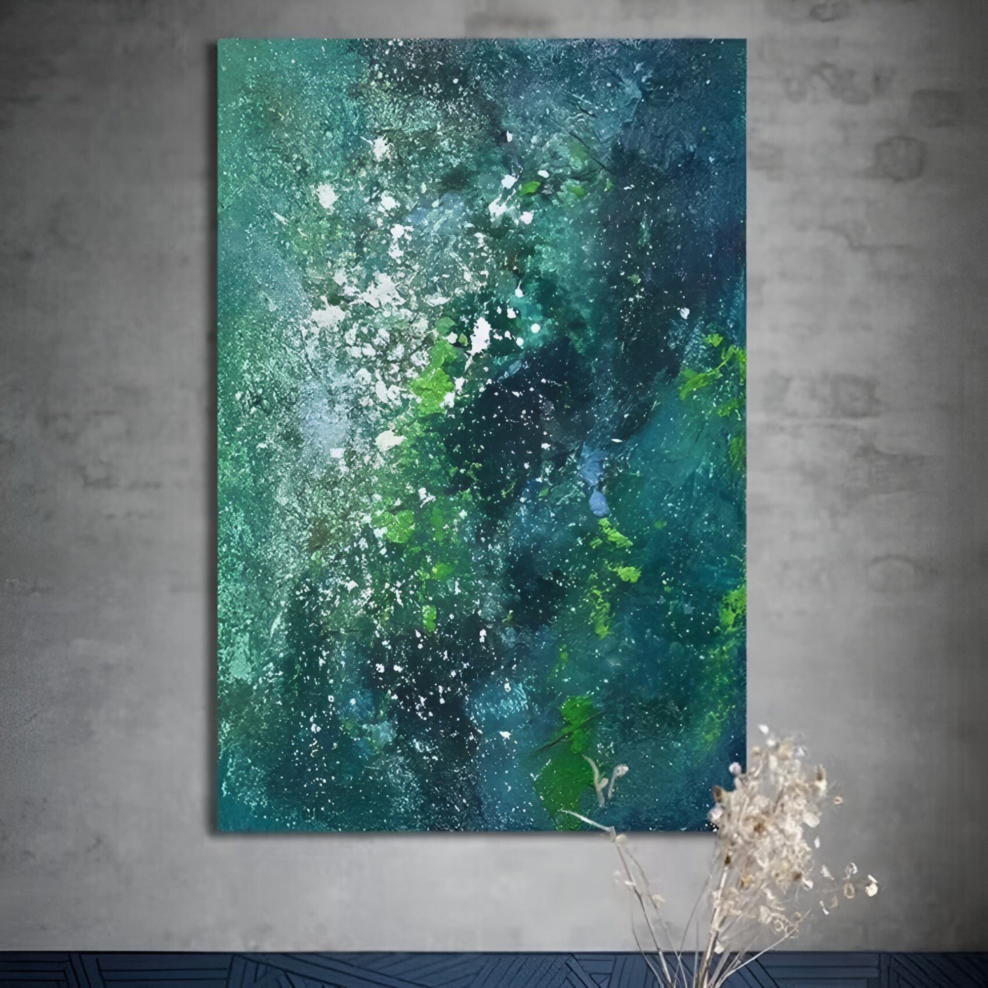 Handmade abstract artwork with deep green and blue tones, perfect for stairways or high-ceiling entry halls.