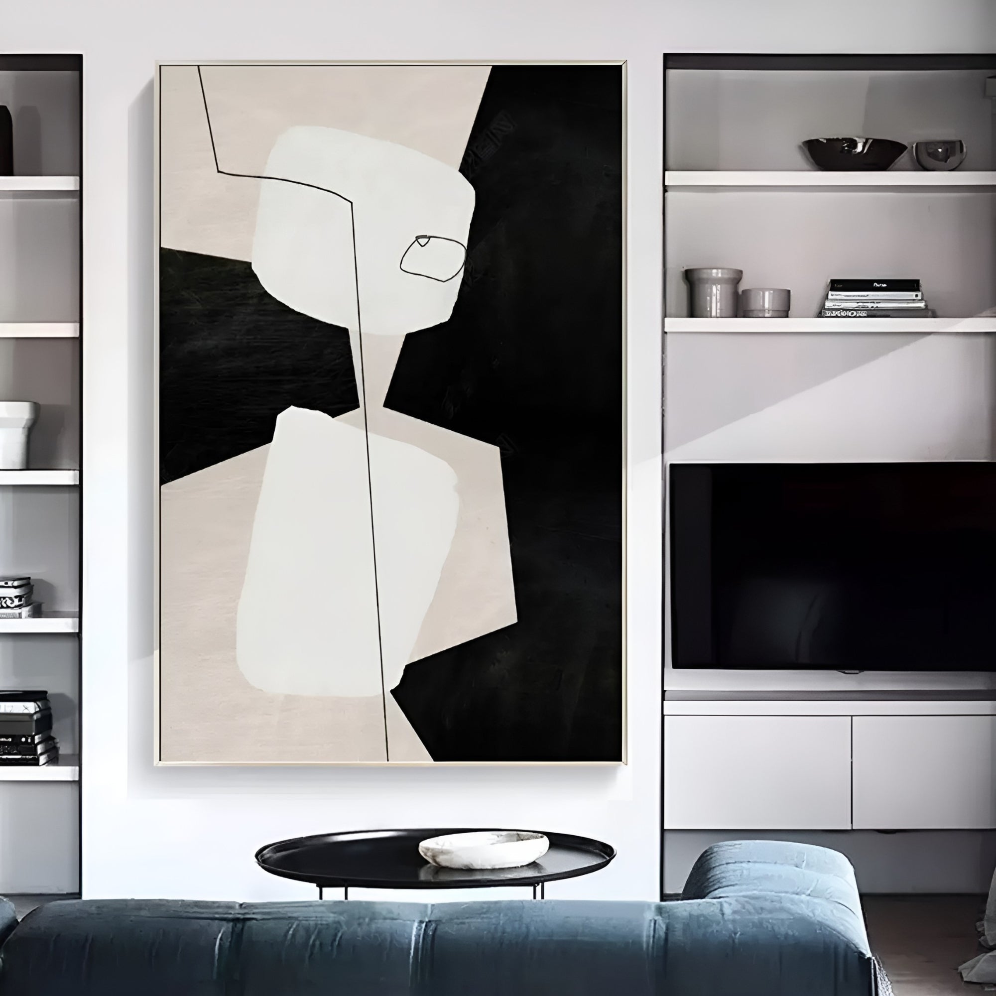 Hand-painted geometric abstract art in black and beige, adding depth and elegance to minimalist home decor settings.
