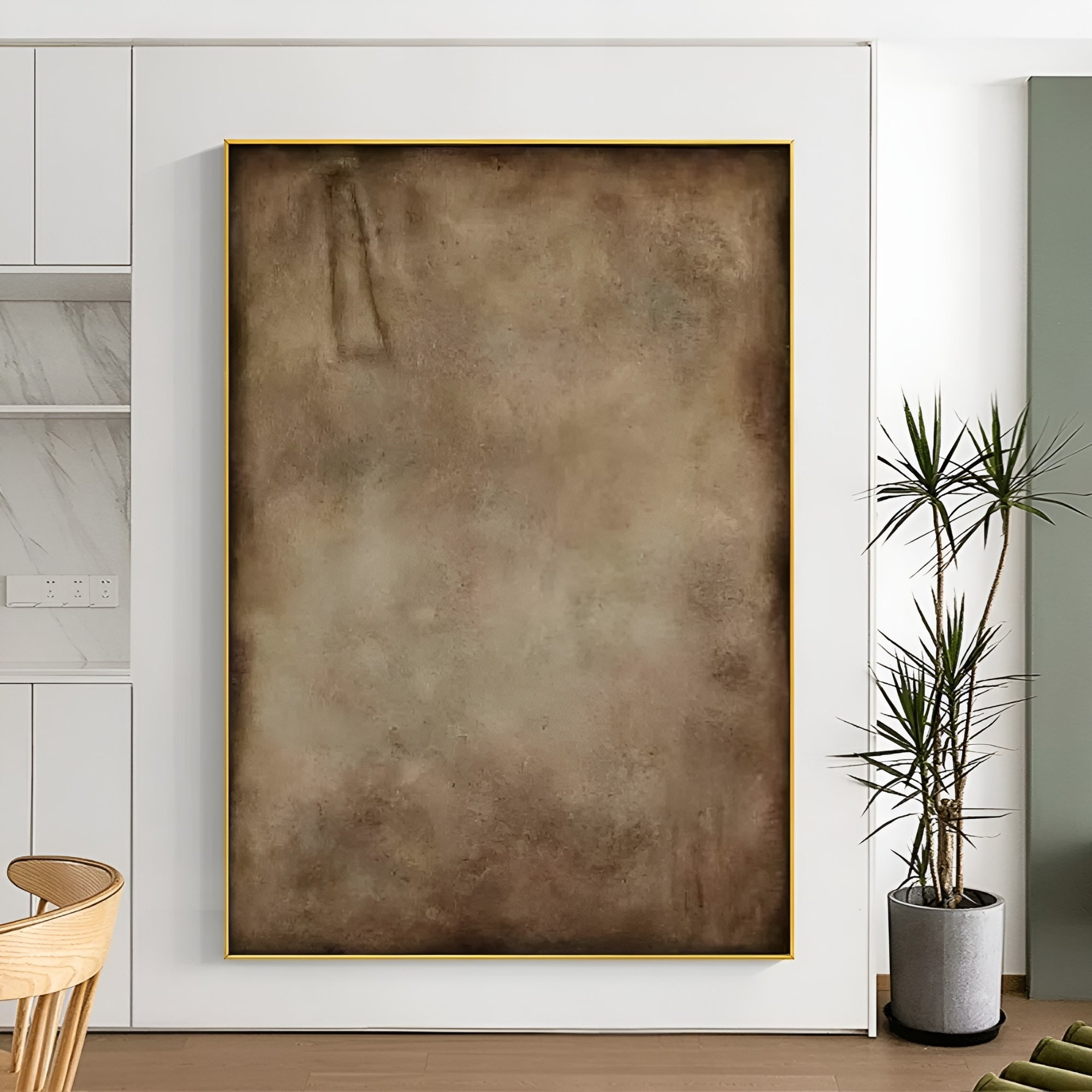 Oversized neutral-toned painting with a weathered texture, complementing a minimalist and organic home design.