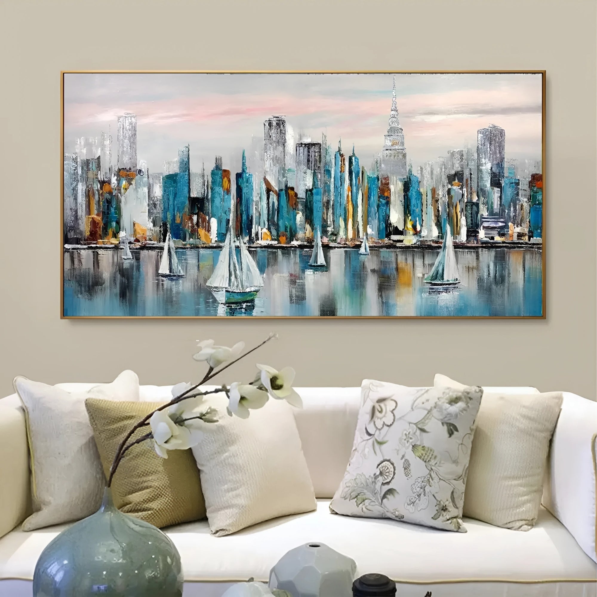 Large horizontal canvas of urban skyline and boats, evoking a serene coastal atmosphere that balances modern and nautical aesthetics in dining or lounge interiors.