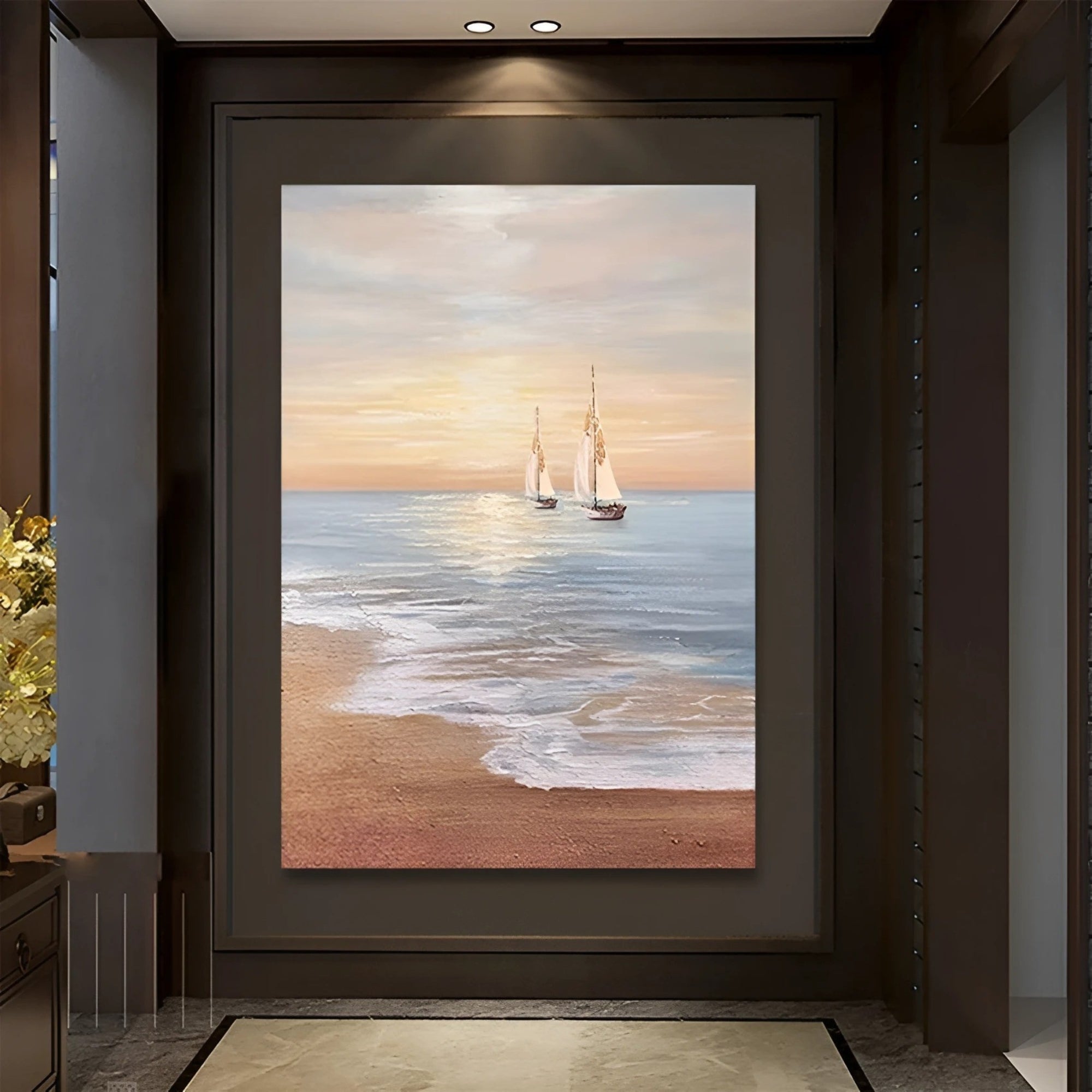 Two classic white sailboats on shimmering waves approaching a sandy beach at sunset, adding a serene nautical touch to a modern dining space.