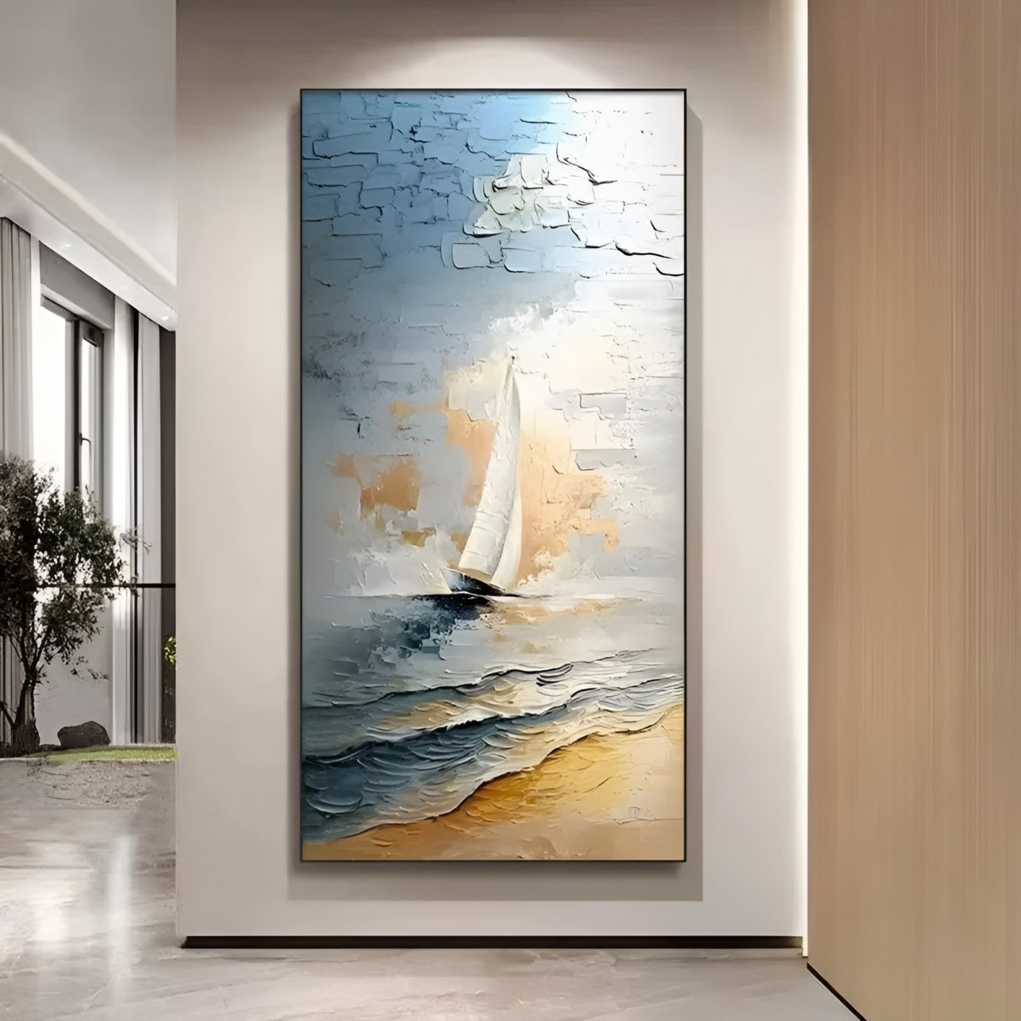 Elegant handmade oil painting of a sailboat on the ocean, featuring textured waves and soft sunset hues in a modern interior setting