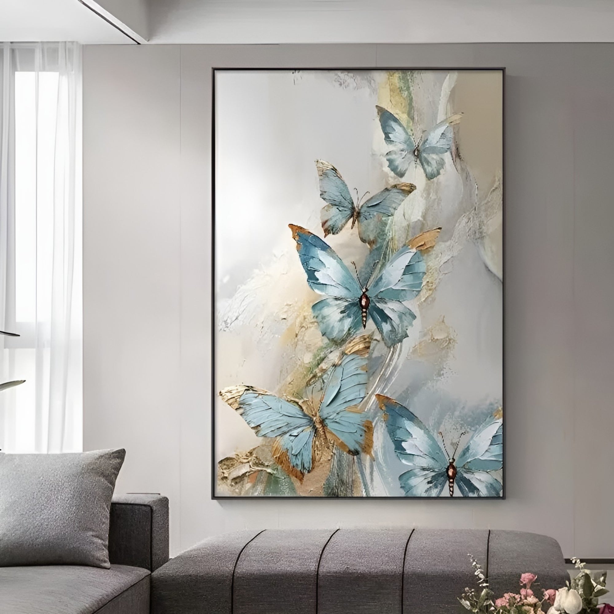 Handmade oil painting of blue butterflies on textured canvas, perfect for living room or hallway wall décor.
