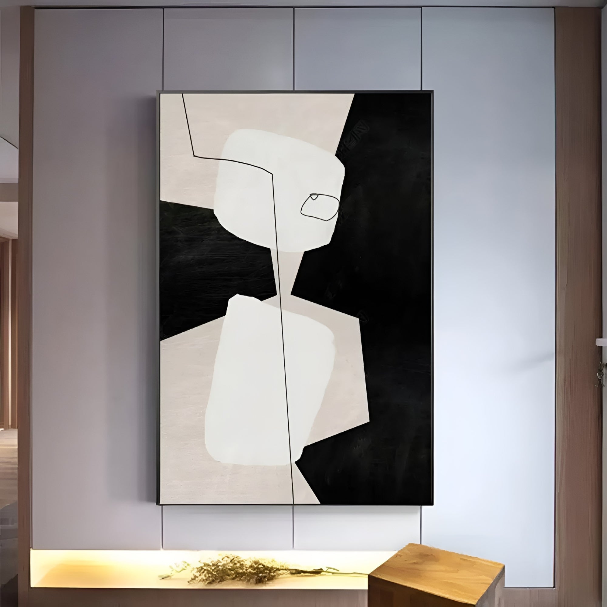 Minimalist black and white abstract painting with geometric shapes, perfect for modern and contemporary interior decor styles