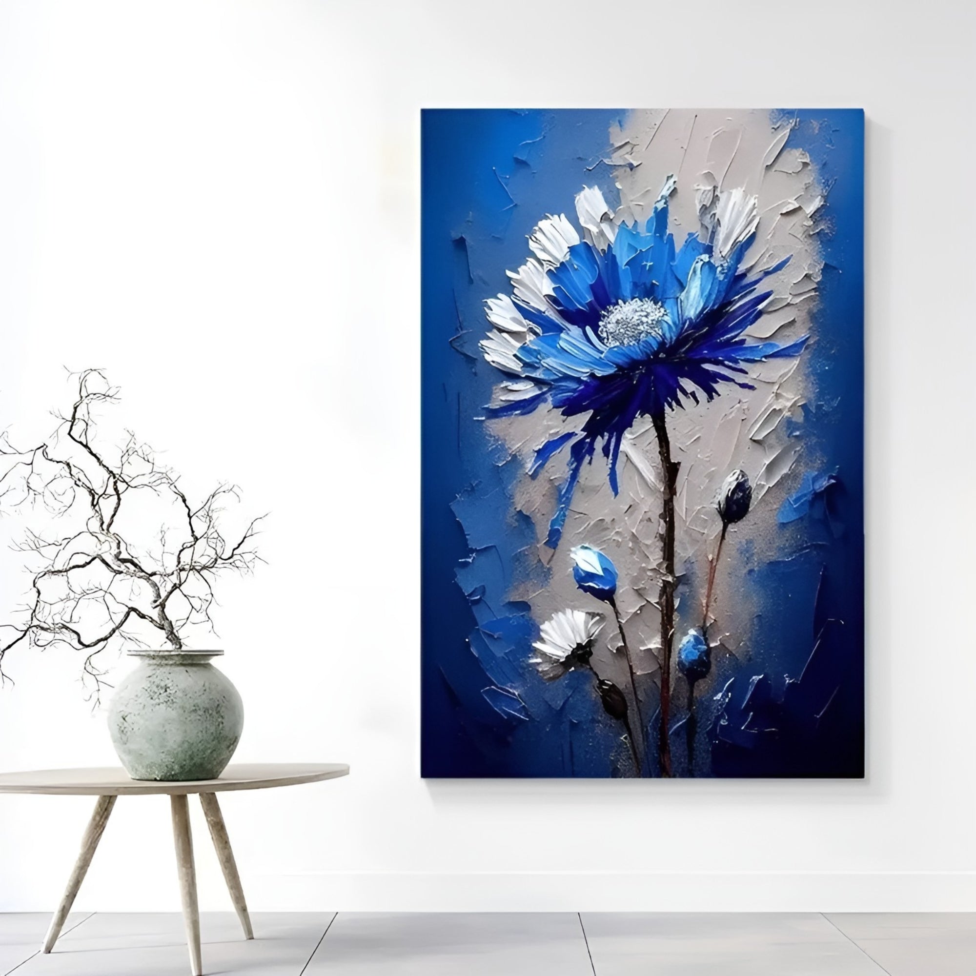 Elegant handmade flower painting in blue tones, beautifully crafted for art lovers and modern home décor.