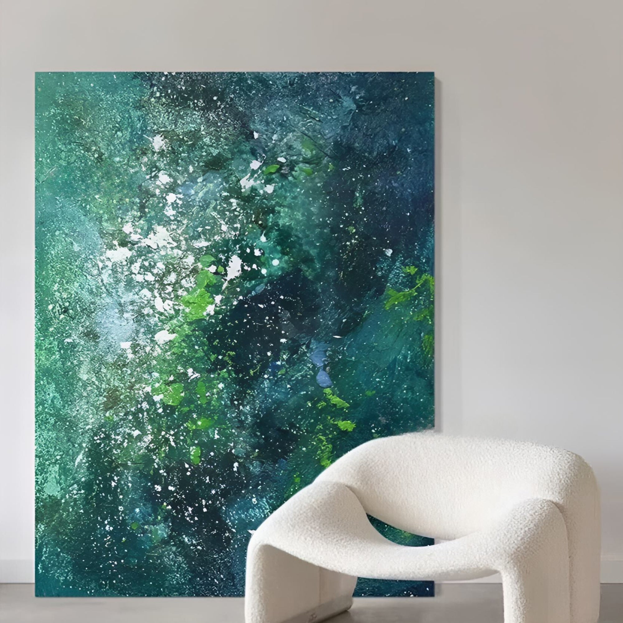 Textured green and navy handmade painting, ideal for contemporary living rooms or modern foyer decor.