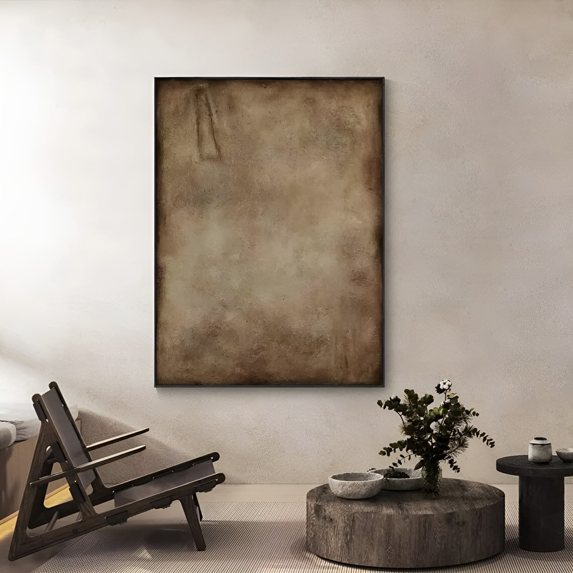 Large contemporary wall art with a textured brown finish, enhancing the aesthetics of a luxury interior.