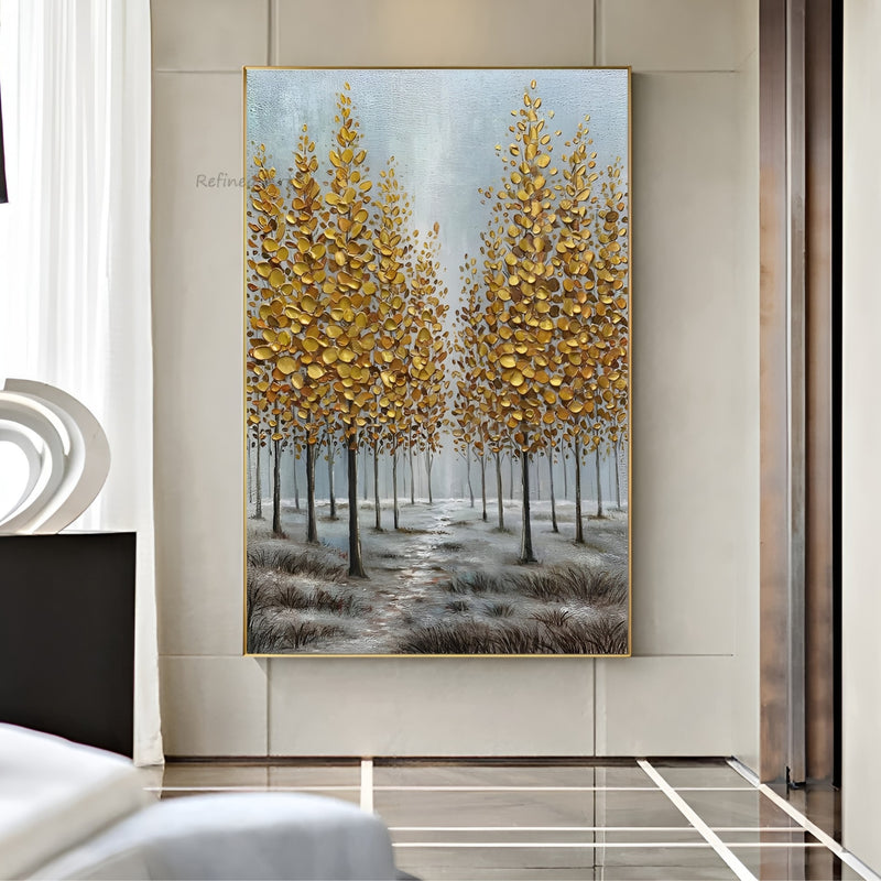 Vertical handmade artwork of yellow autumn trees in fog, adding warmth and tranquility to living spaces.