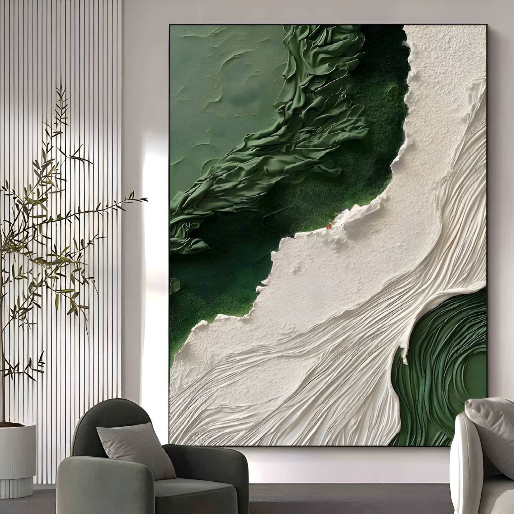 Organic flow of green and white in handmade oil painting, great for wellness studios, lounges, or art-inspired cafés.