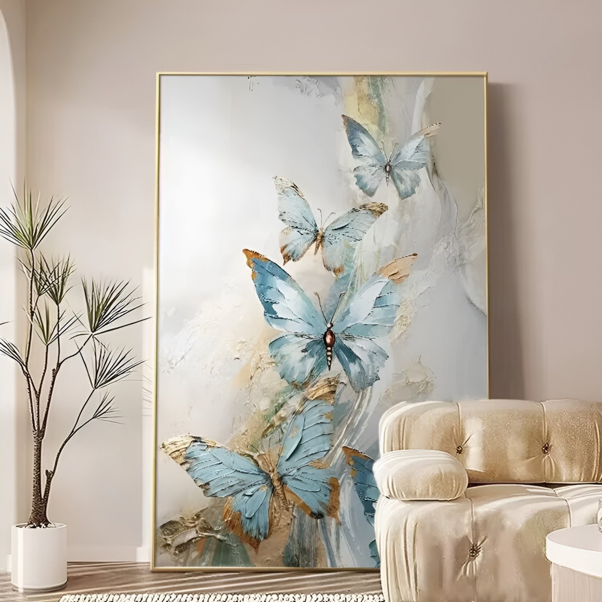 Elegant butterfly-themed handmade oil artwork in soft blue and cream tones for modern interior decoration.