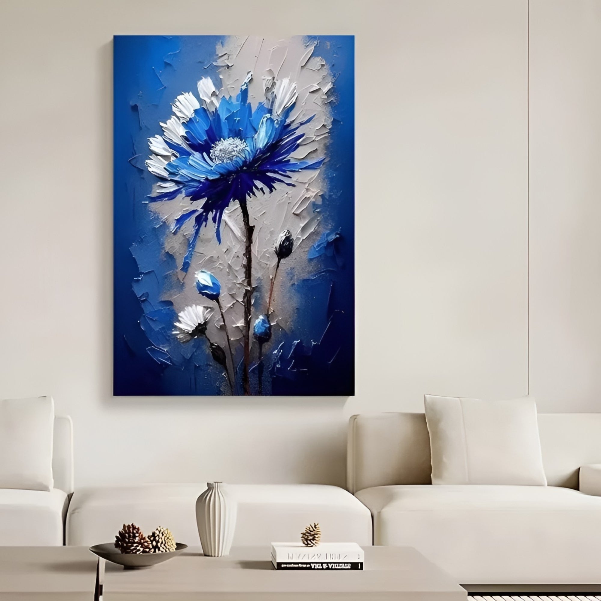 Bold blue floral handmade artwork with palette knife texture, adding charm to bedrooms or living rooms.