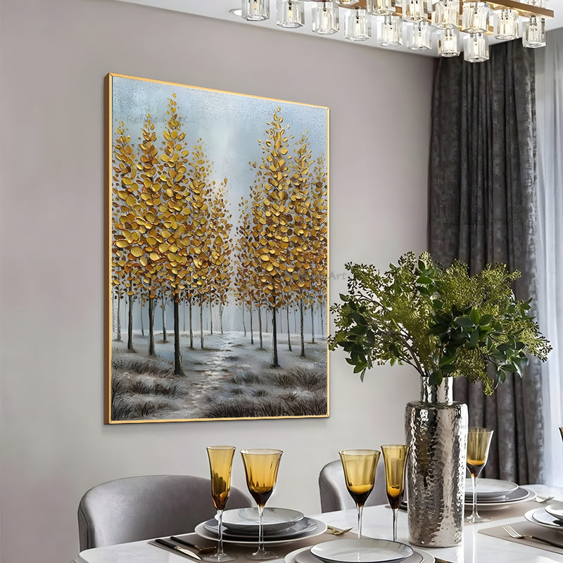 Serene handmade forest painting with golden foliage and soft mist, ideal for nature-inspired home decor.