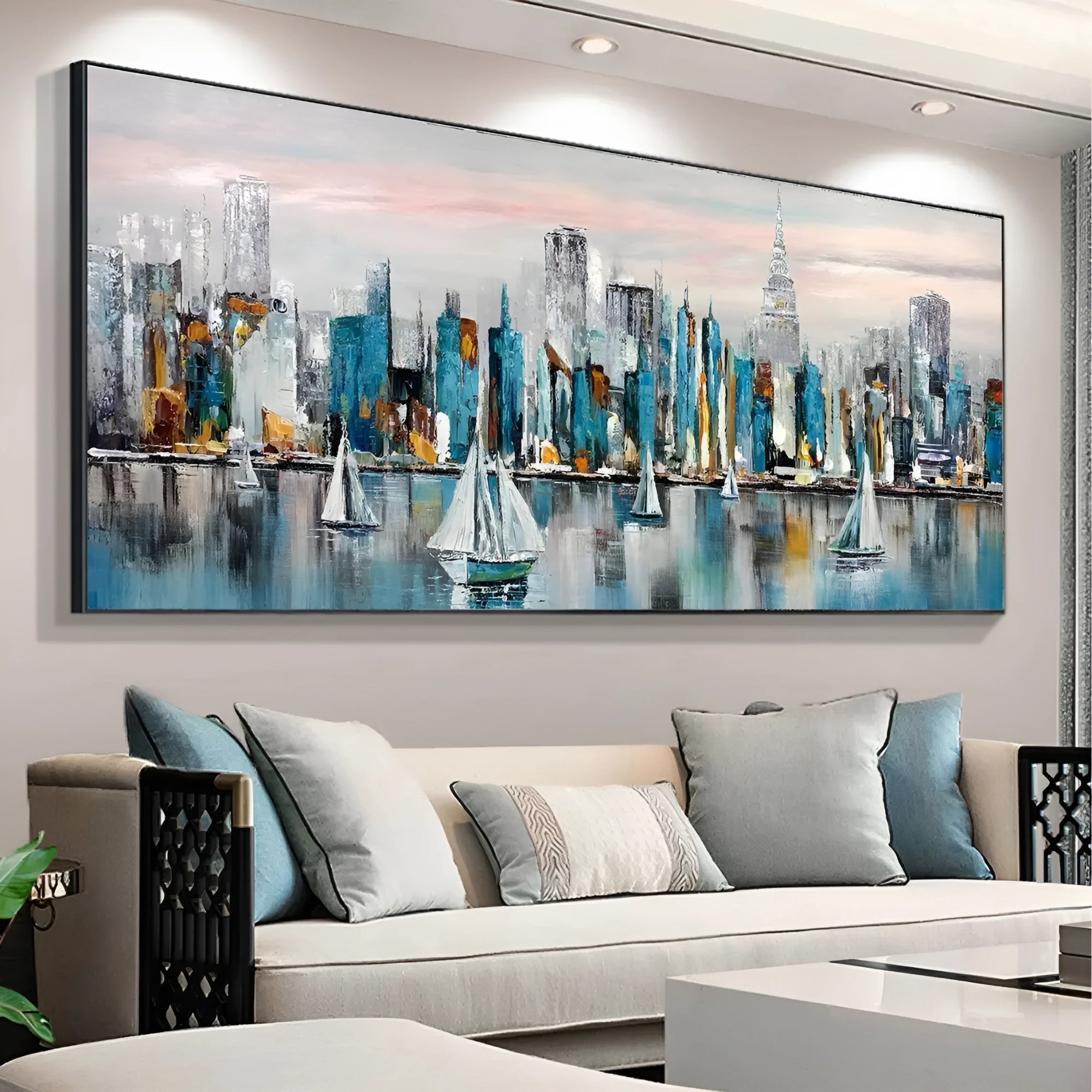 Modern city skyline painting with sailboats, featuring bold brushstrokes and cool blue tones, bringing an energetic yet calming vibe to a stylish café or dining area.