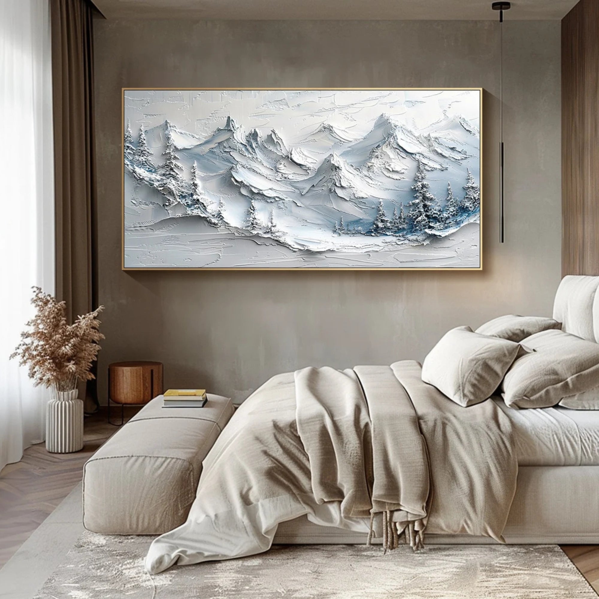 Elegant mountain landscape artwork with thick impasto detailing, ideal for rustic lodges, modern minimalist spaces, or calming spa environments that embrace natural elements.