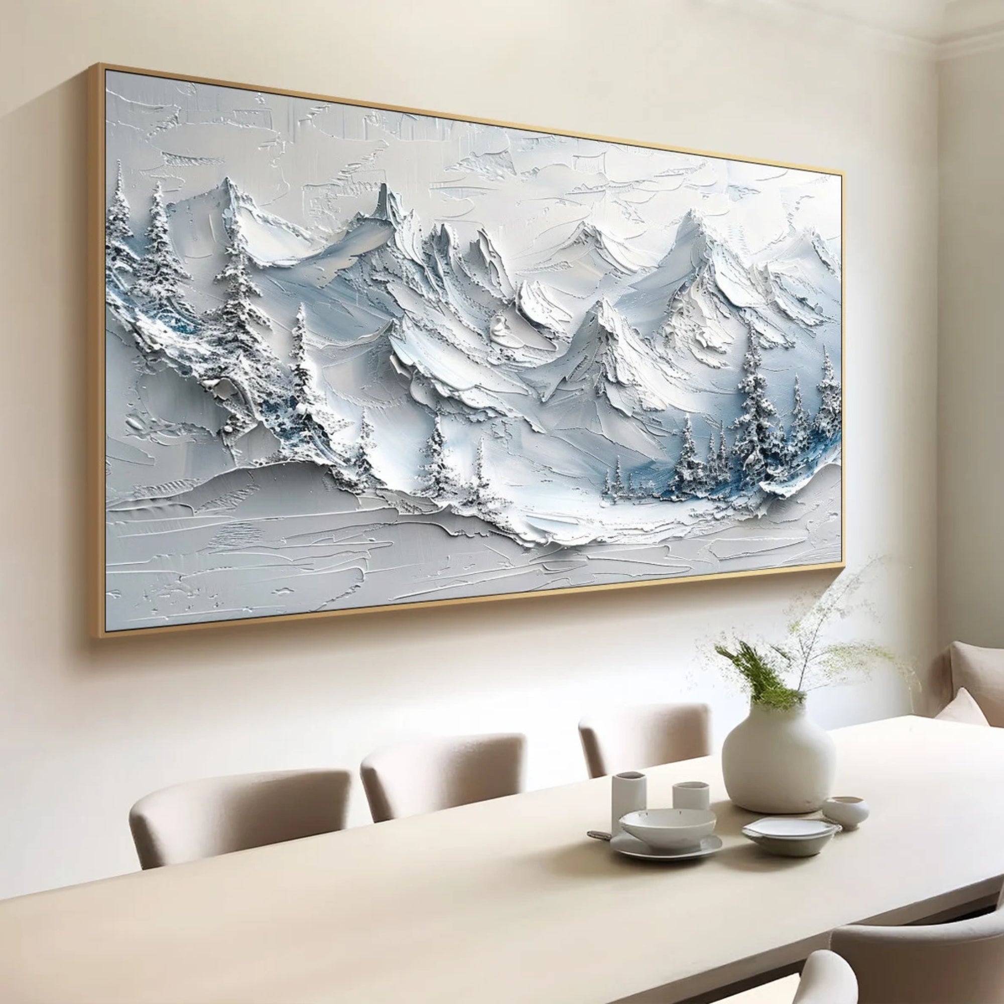 A panoramic snowy scene featuring layered mountain ridges and frosted evergreens, suitable for reception areas, mountain resorts, or living rooms with cool-toned decor.