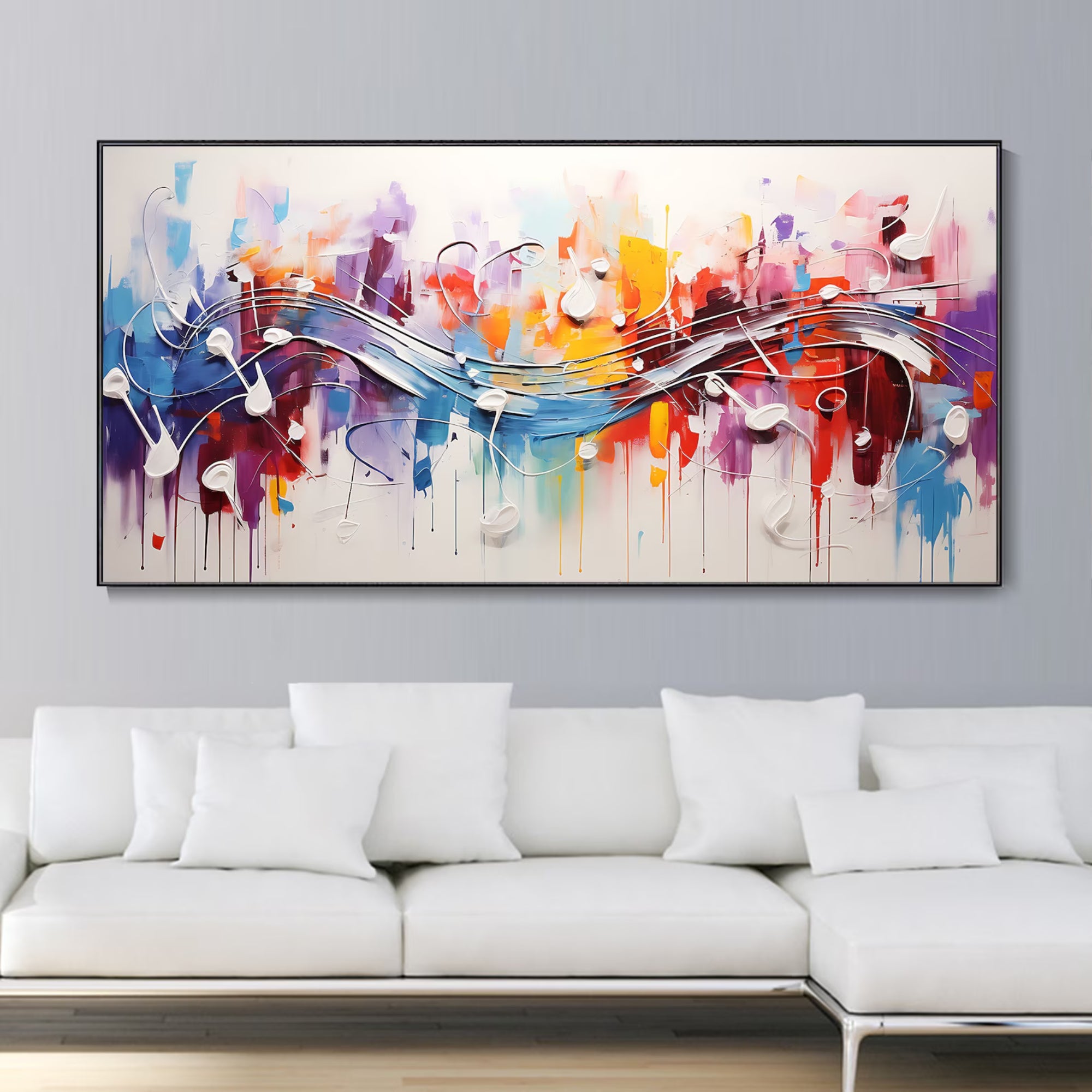 Contemporary multicolor wave artwork – This abstract piece blends bold splashes of red, blue, yellow, and purple with expressive brushstrokes, adding a lively and artistic flair to minimalist or mid-century interiors.
