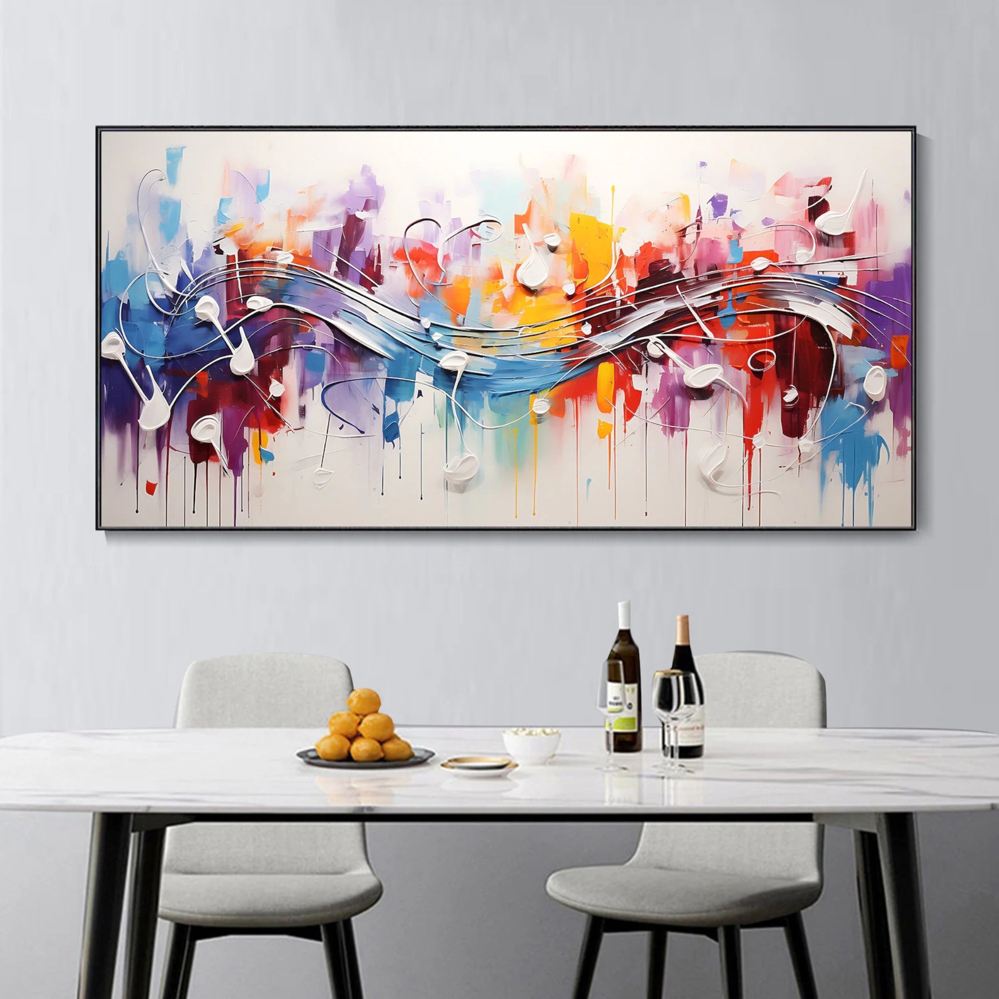 Colorful abstract painting with musical energy – A vivid explosion of colors with flowing lines resembling musical notes and rhythm, perfect for bringing energy and movement to a modern bedroom or creative studio.