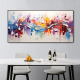 Colorful abstract painting with musical energy – A vivid explosion of colors with flowing lines resembling musical notes and rhythm, perfect for bringing energy and movement to a modern bedroom or creative studio.
