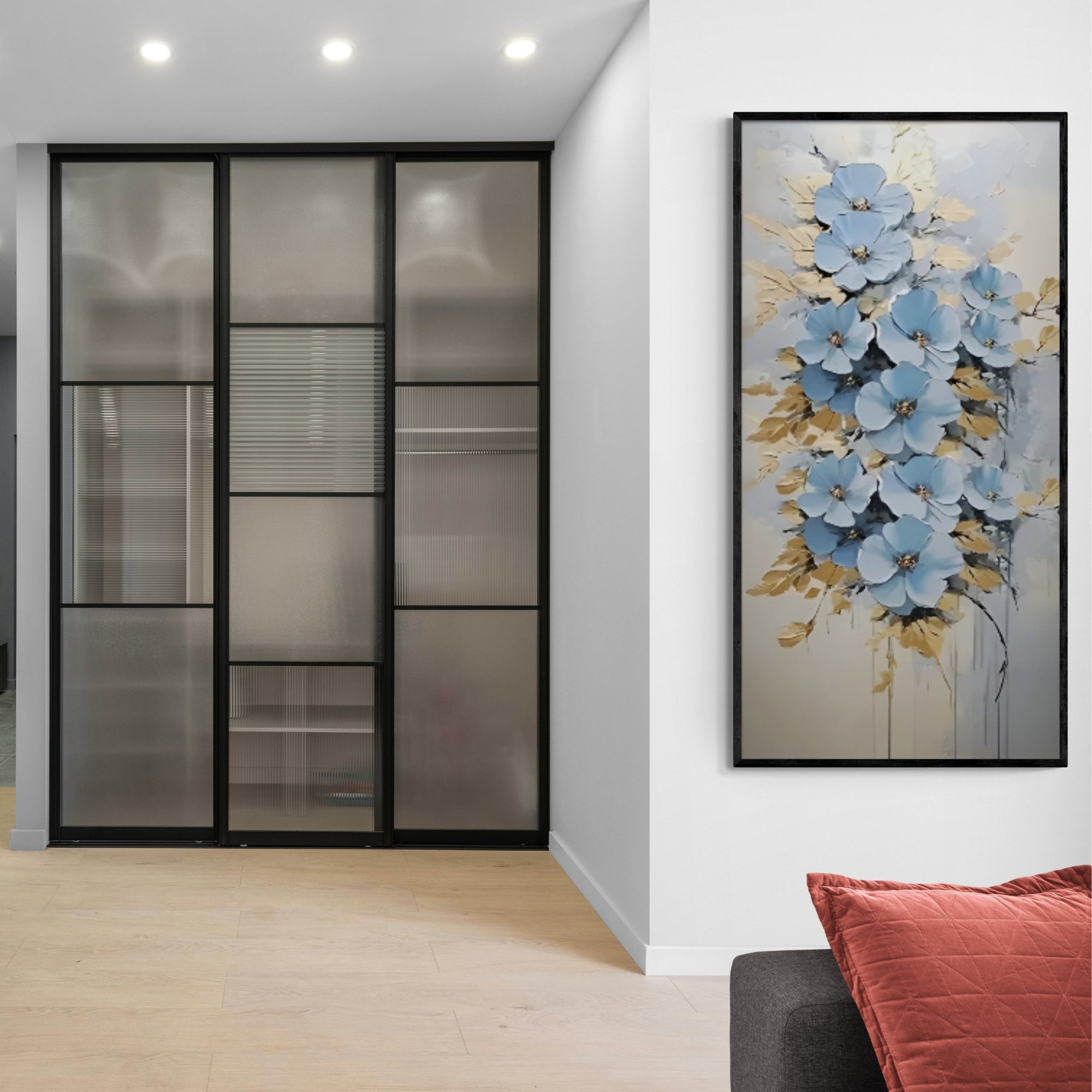 Elegant handmade floral oil painting with blue blossoms and golden foliage, perfect for hallway or bedroom walls.