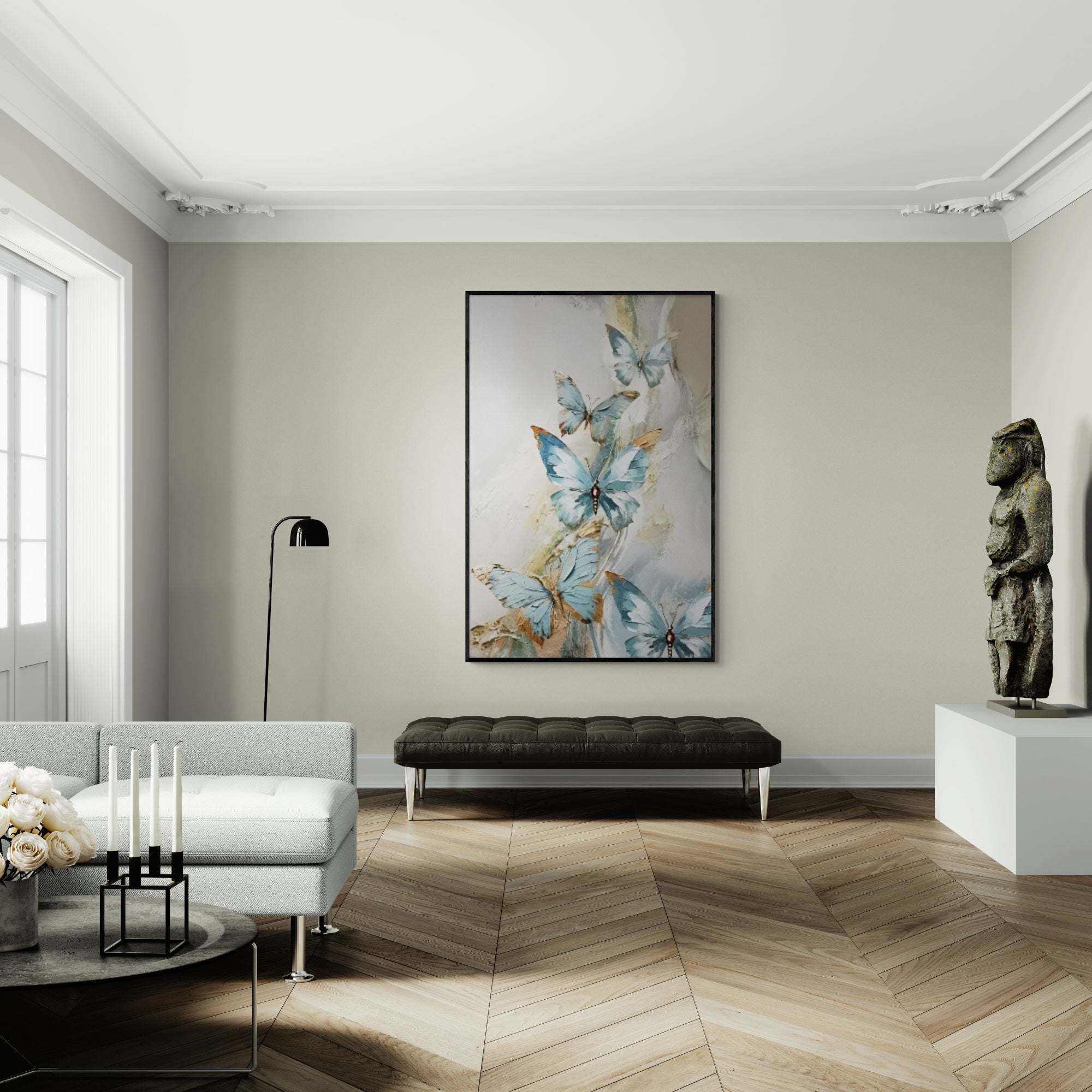 Hand-painted butterfly canvas art with light abstract textures, ideal for cozy living or lounge spaces.