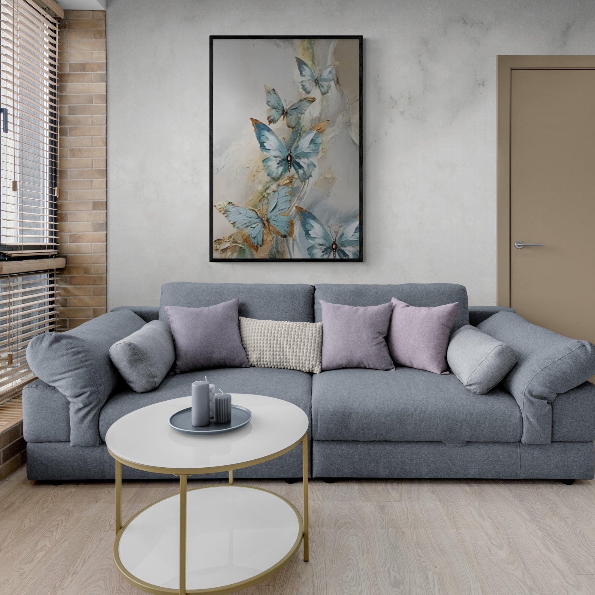 Vertical handmade oil painting of flying butterflies, soft tones adding a tranquil vibe to home interiors.