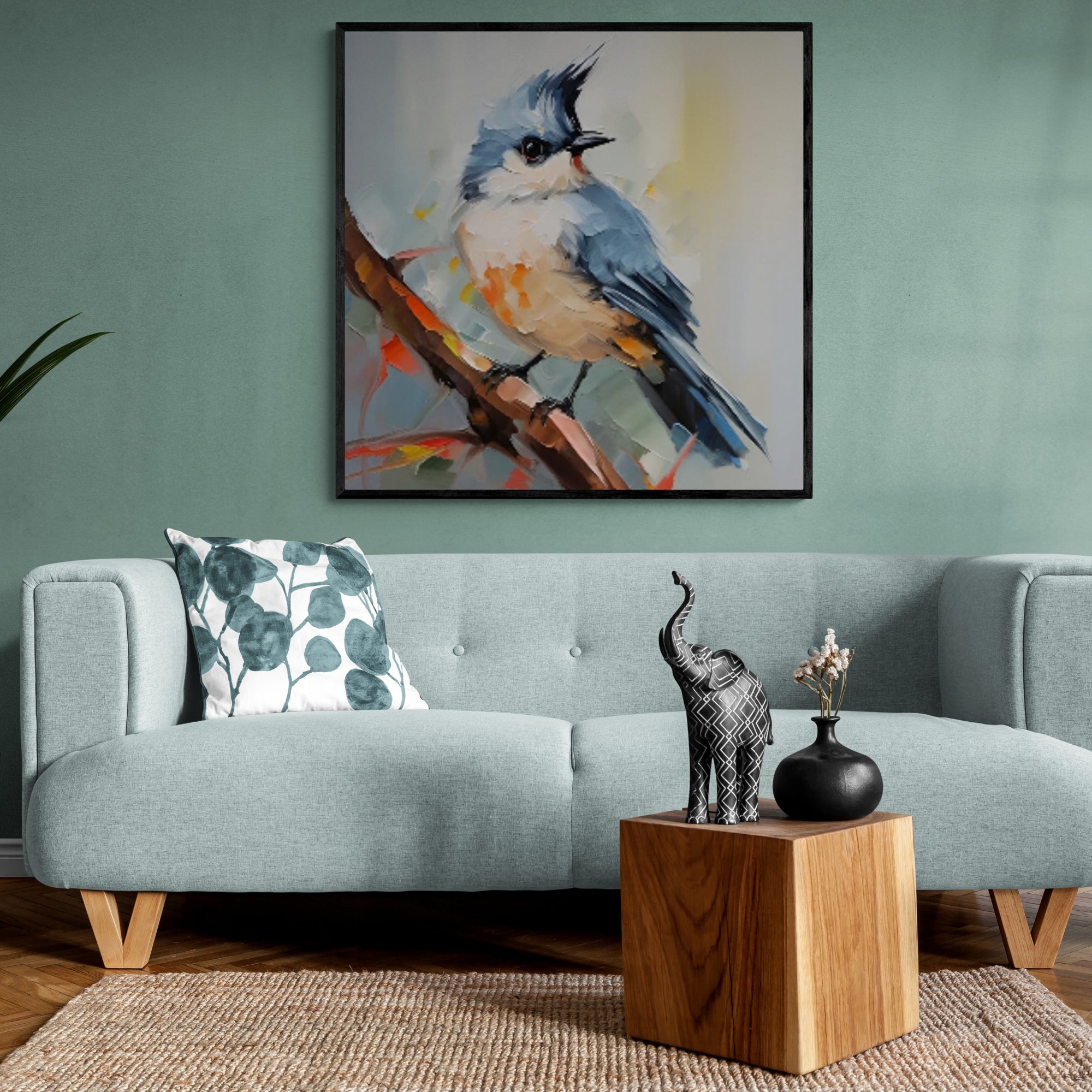 Handmade bird painting on canvas with striking colors, ideal for rustic or nature-inspired home interiors