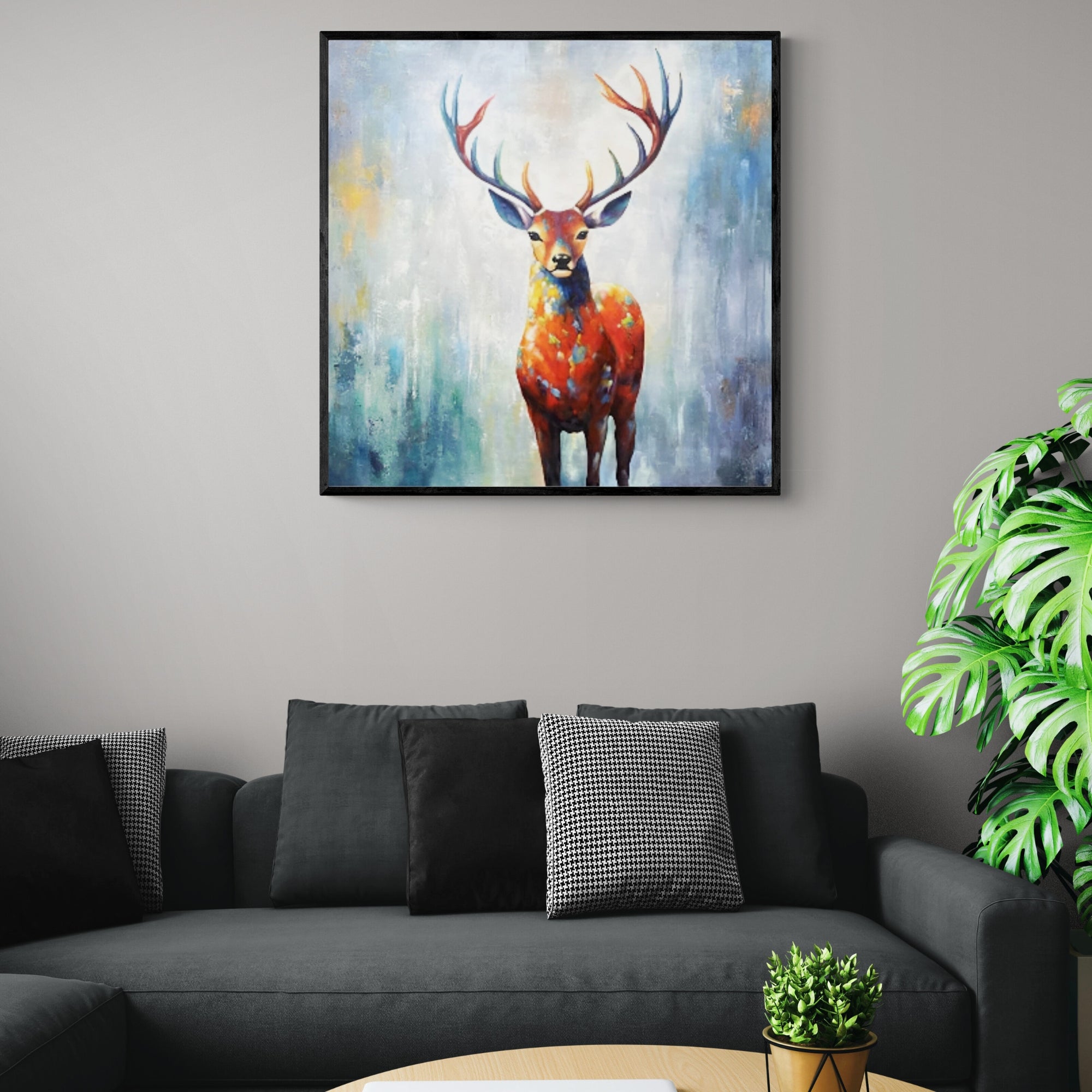 Abstract deer wall art in rich colors, handmade oil painting for wildlife-themed or minimalist home decor.