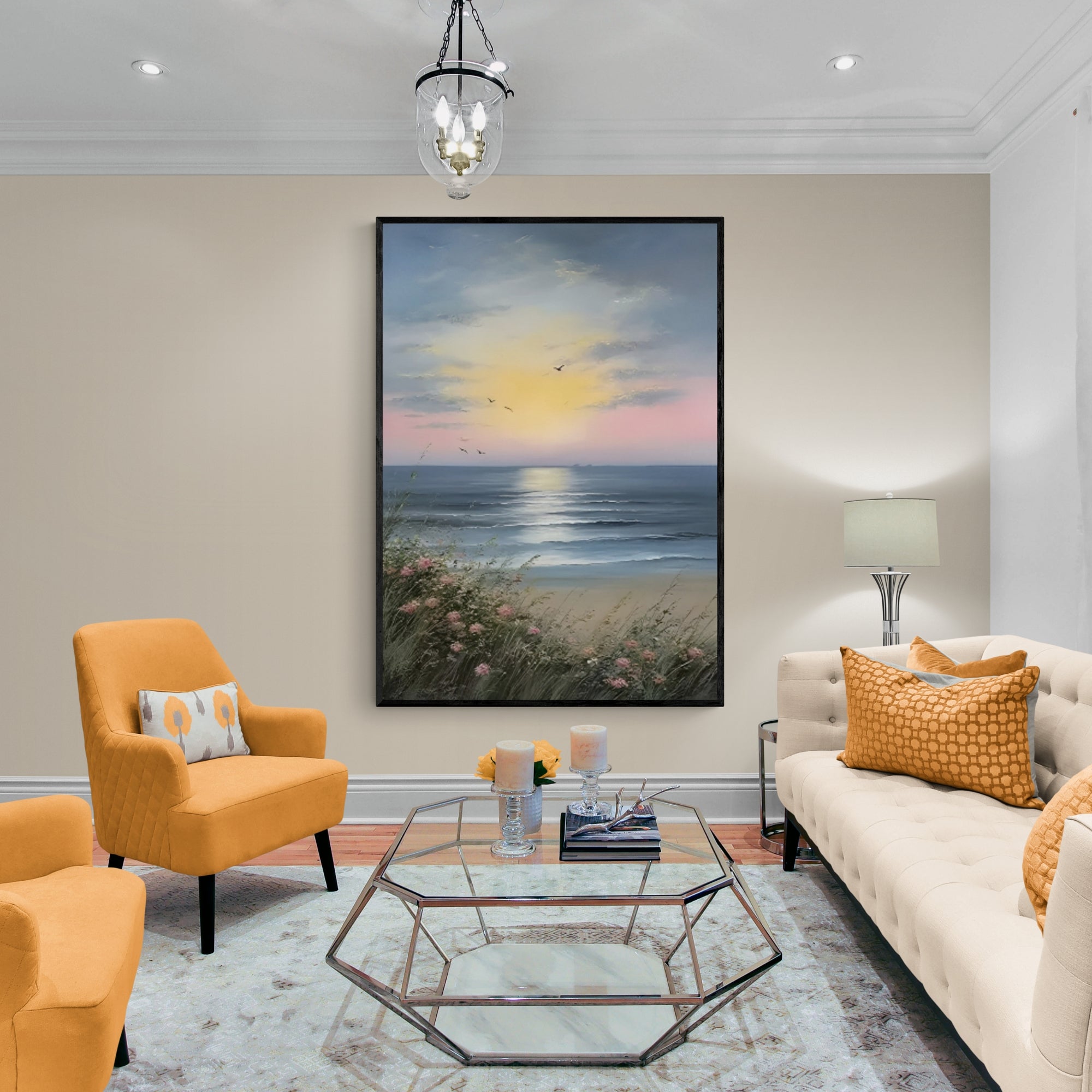 Ocean horizon oil painting with pastel sunset tones—hand-painted wall art for calming ambiance.