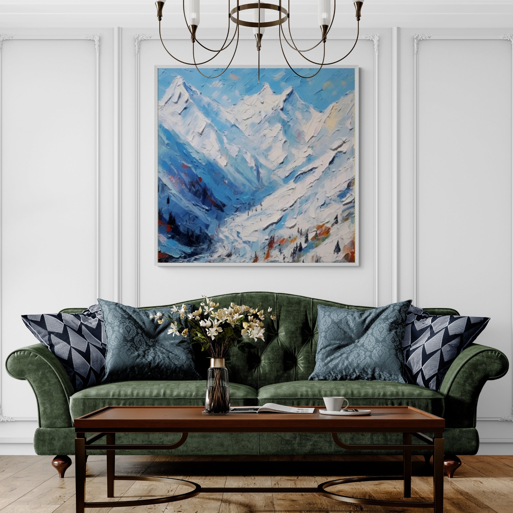 Hand-painted alpine mountain canvas hanging in a cozy, stylish sitting room.