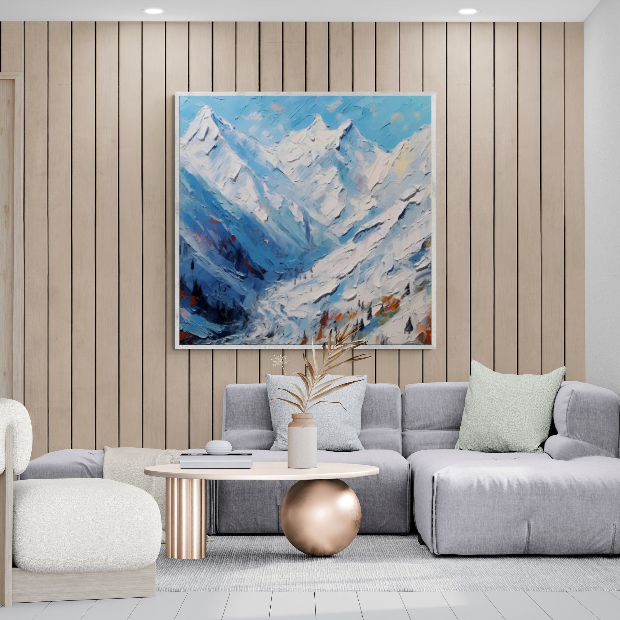 Textured oil painting of snowy peaks, bringing a serene mountain vibe to interior spaces.
