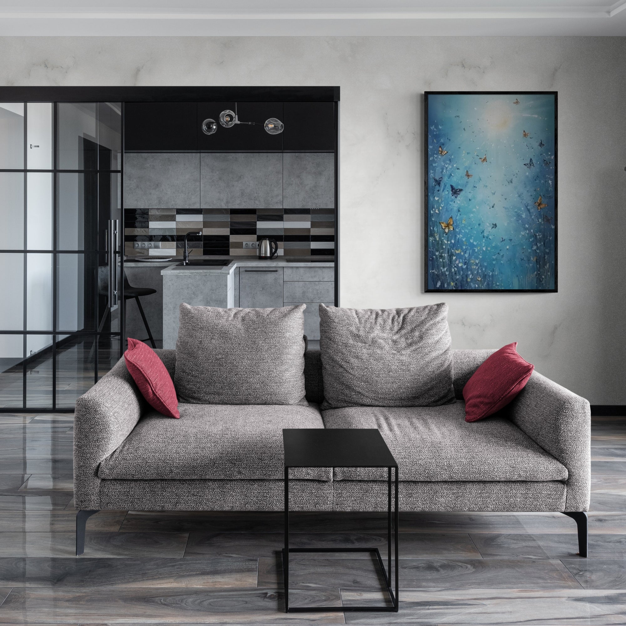Original handmade butterfly painting in dreamy blue hues, elegant wall art for contemporary interiors.