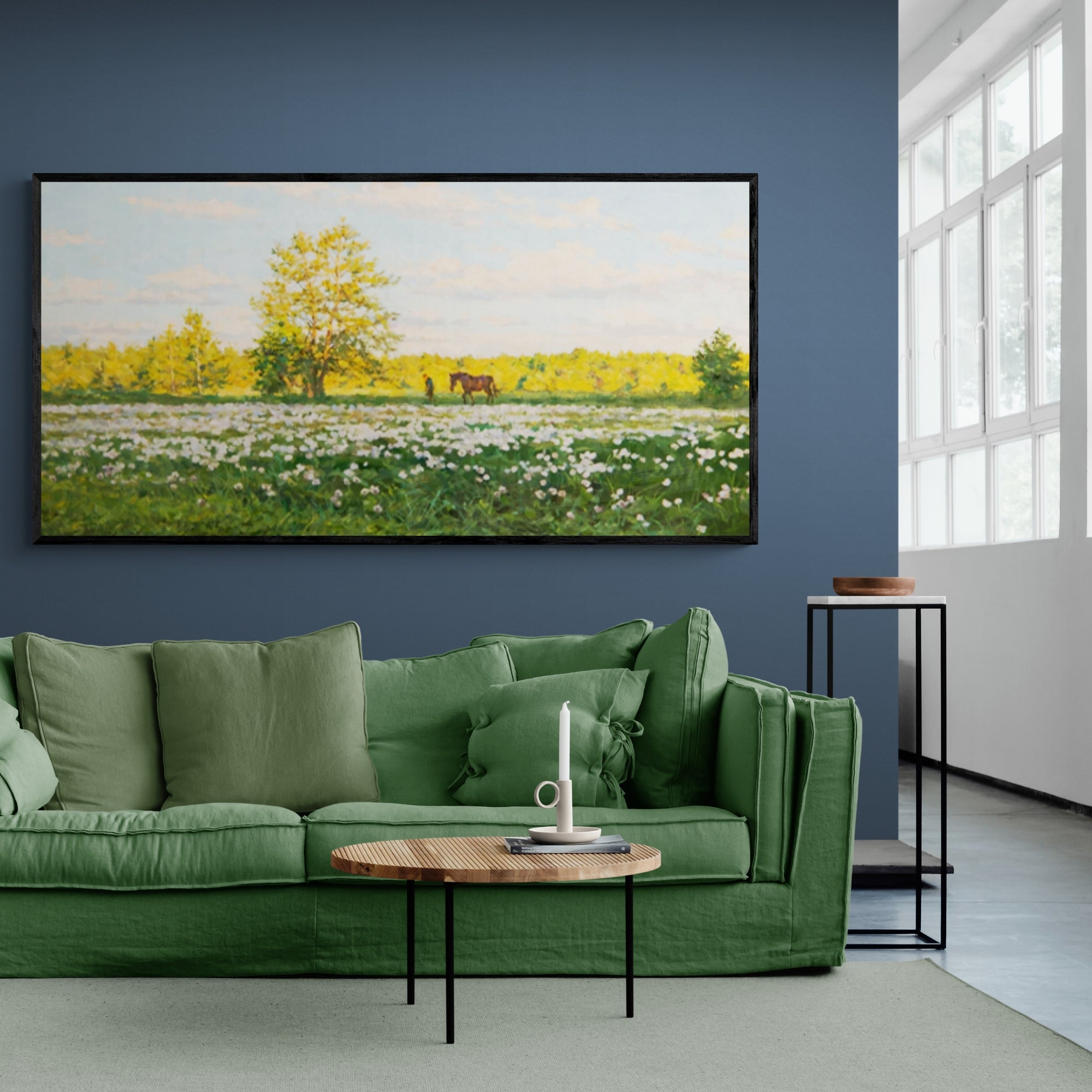 Calming pastoral scene oil painting with wildflowers, lush greenery, and warm light—ideal for rustic homes.