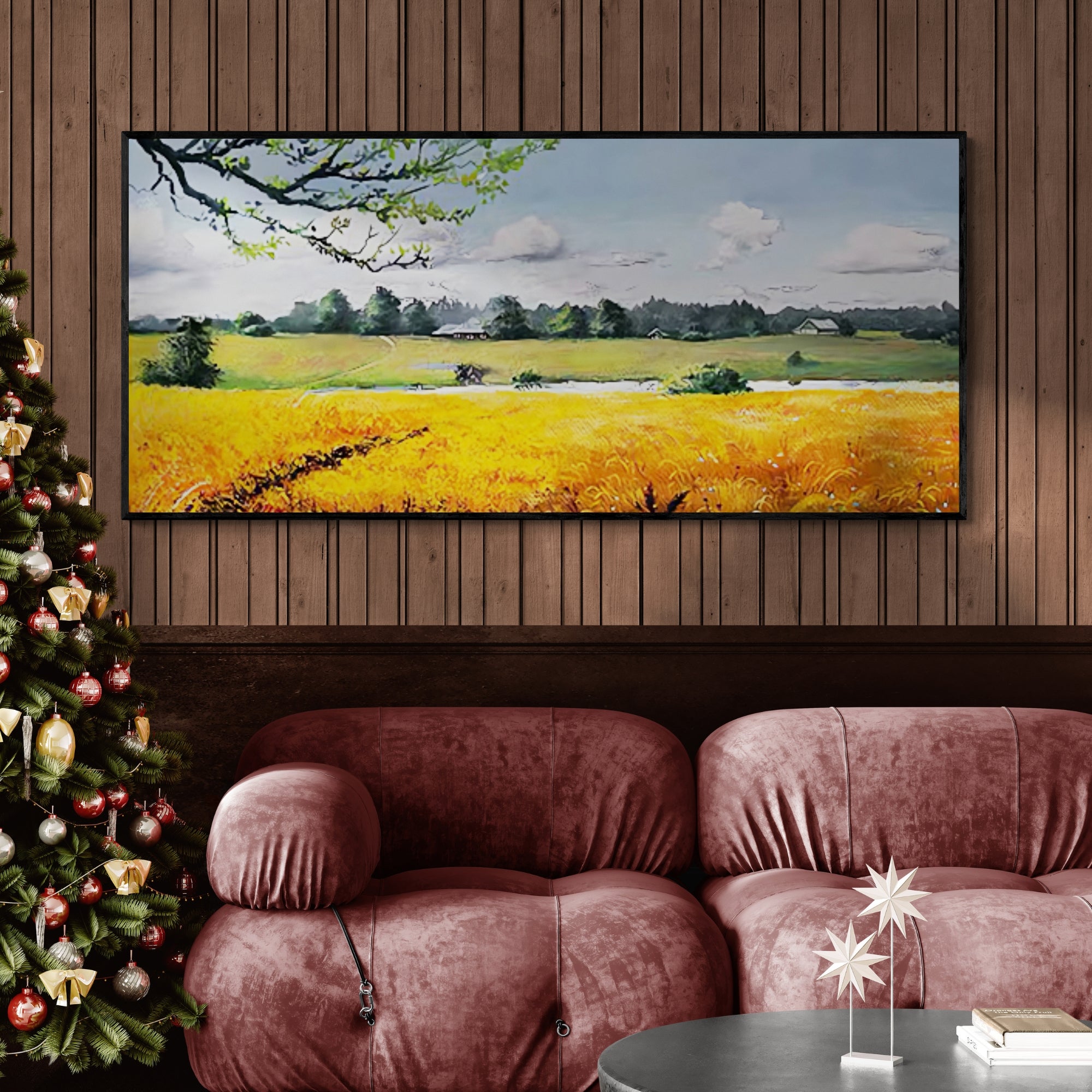 Hand-painted countryside scene featuring lush fields of golden crops and distant rural houses, ideal for farmhouse-style kitchens, rustic dining rooms, or entryways.