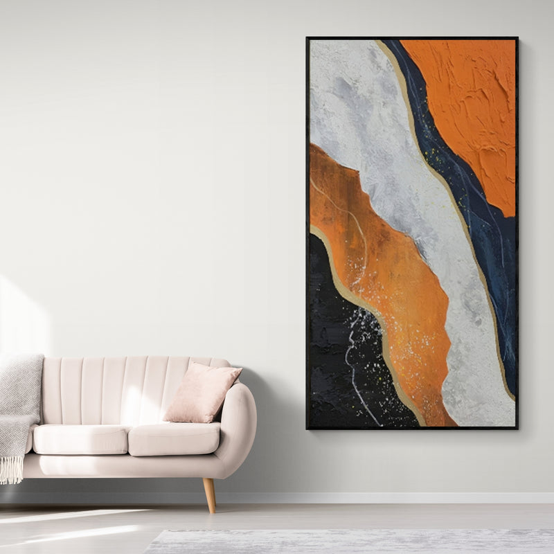 Handmade abstract painting with flowing orange and white layers, a bold statement piece for stylish interiors.