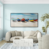Handmade seascape oil painting with traditional boats on a calm beach.