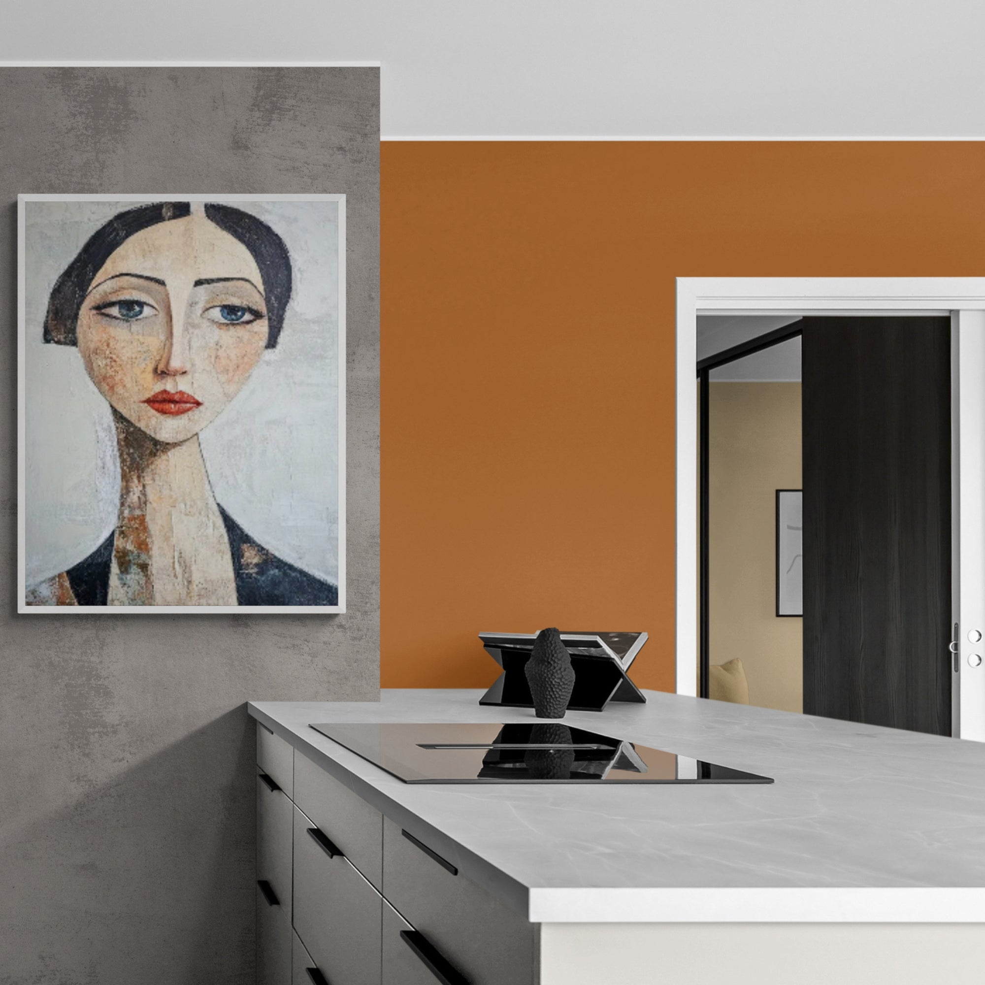 Handmade oil painting of a woman’s portrait, ideal for eclectic kitchens or dining spaces with a creative twist.