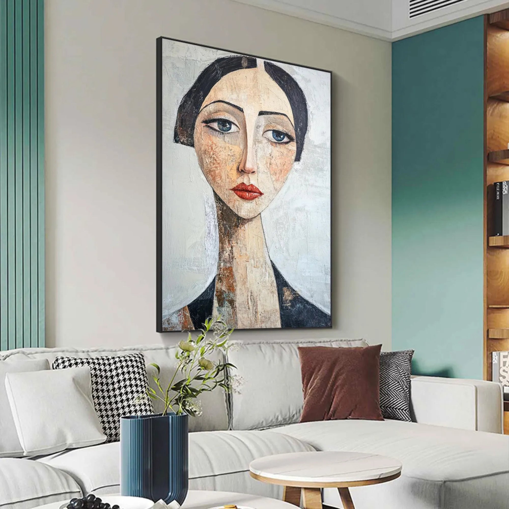 A captivating handmade oil painting that brings a modern yet soulful presence to home galleries or reading nooks.
