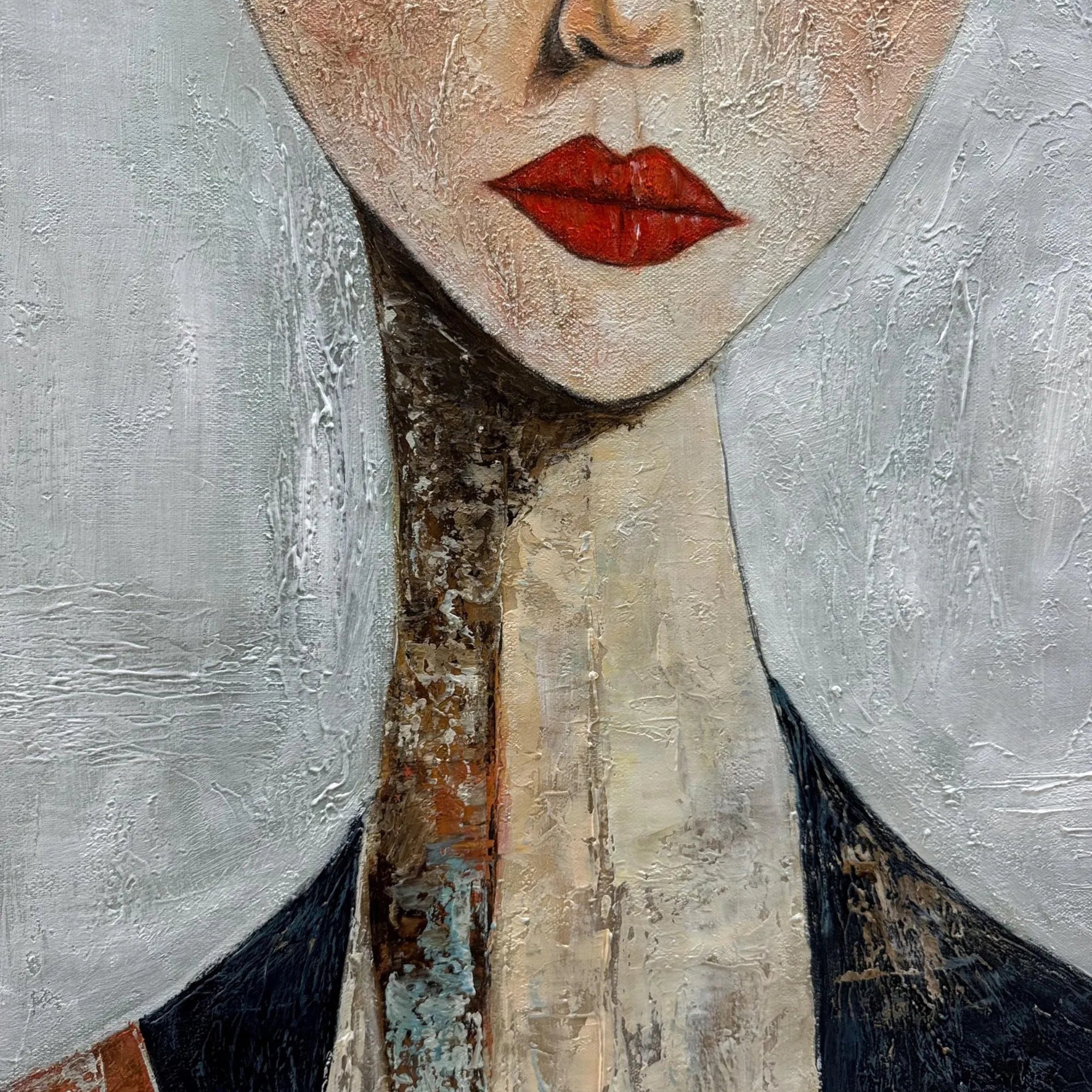 Close-up of the handmade oil painting reveals layered textures and brushwork that give depth and tactile richness.