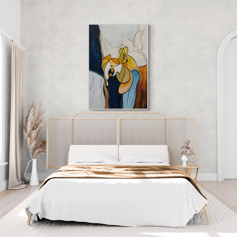 Colorful handmade oil painting brings vibrance and personality to cozy bedroom interiors.