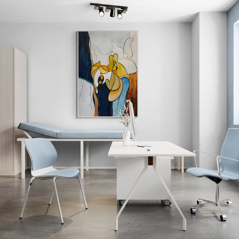 Elegant handmade oil painting enhances professional settings with a touch of creative sophistication.