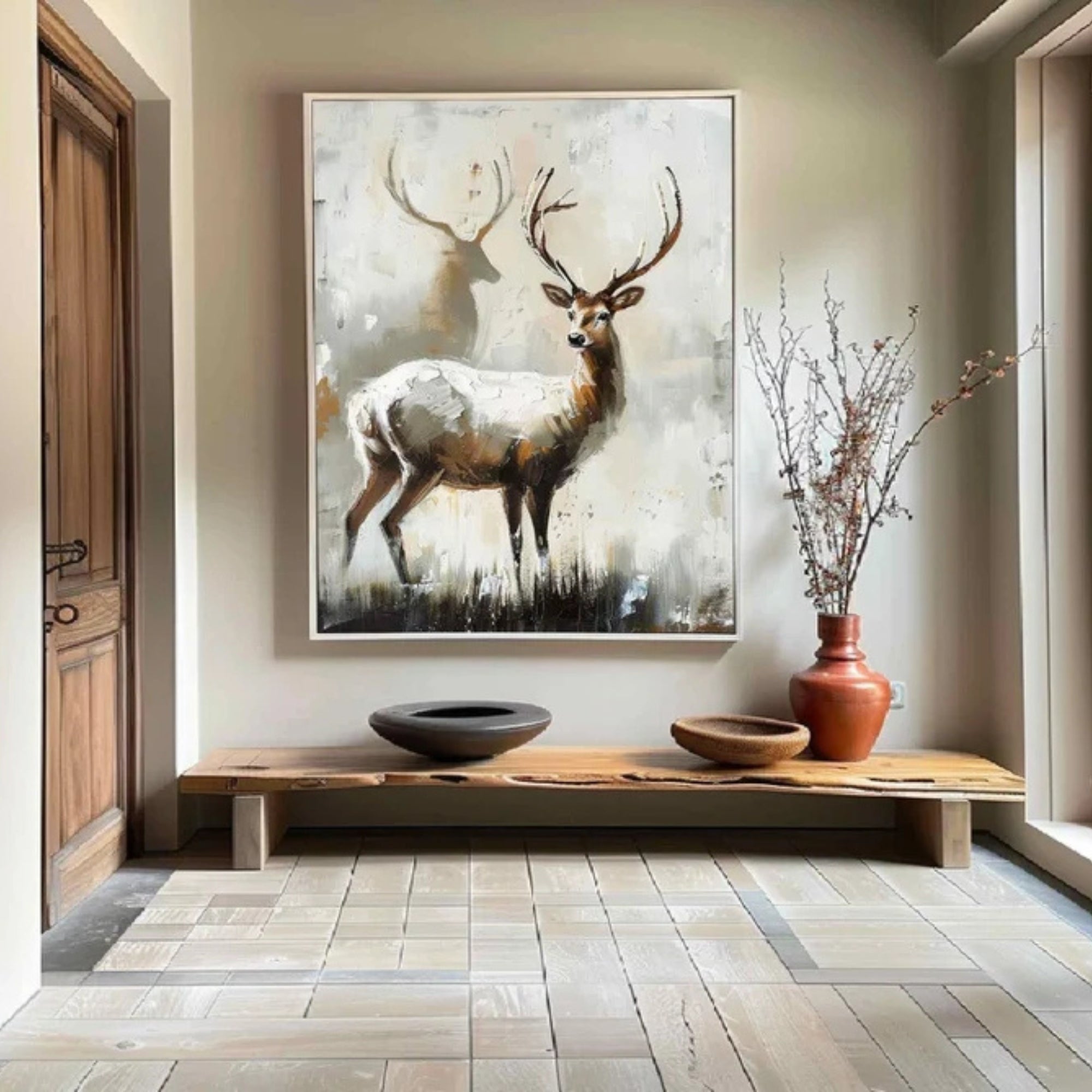 Elegant handmade oil painting of a stag, ideal for a modern hallway or stylish entrance area.