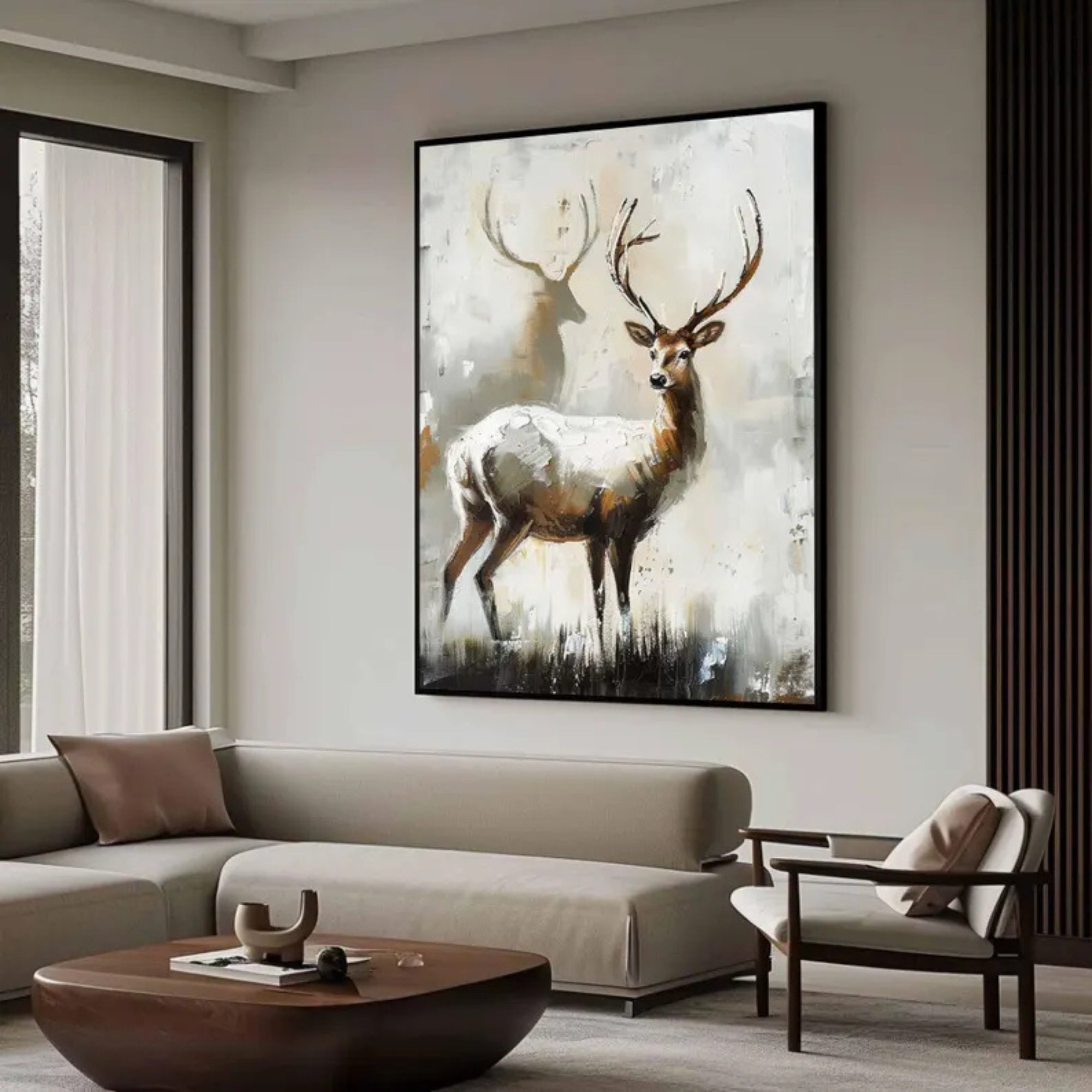 Handmade oil painting of a majestic deer, perfect for bringing a rustic and elegant touch to a cozy living room.