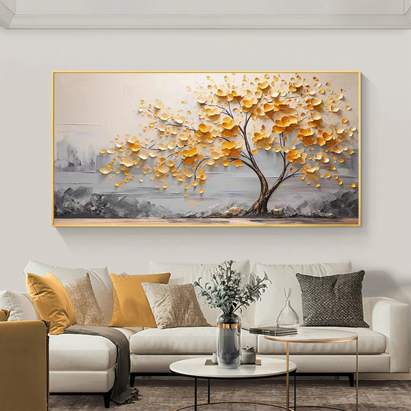 Celebrate nature’s beauty with this striking handmade oil painting, where lush golden leaves bring a vivid burst of life to a soft and serene grey landscape.
