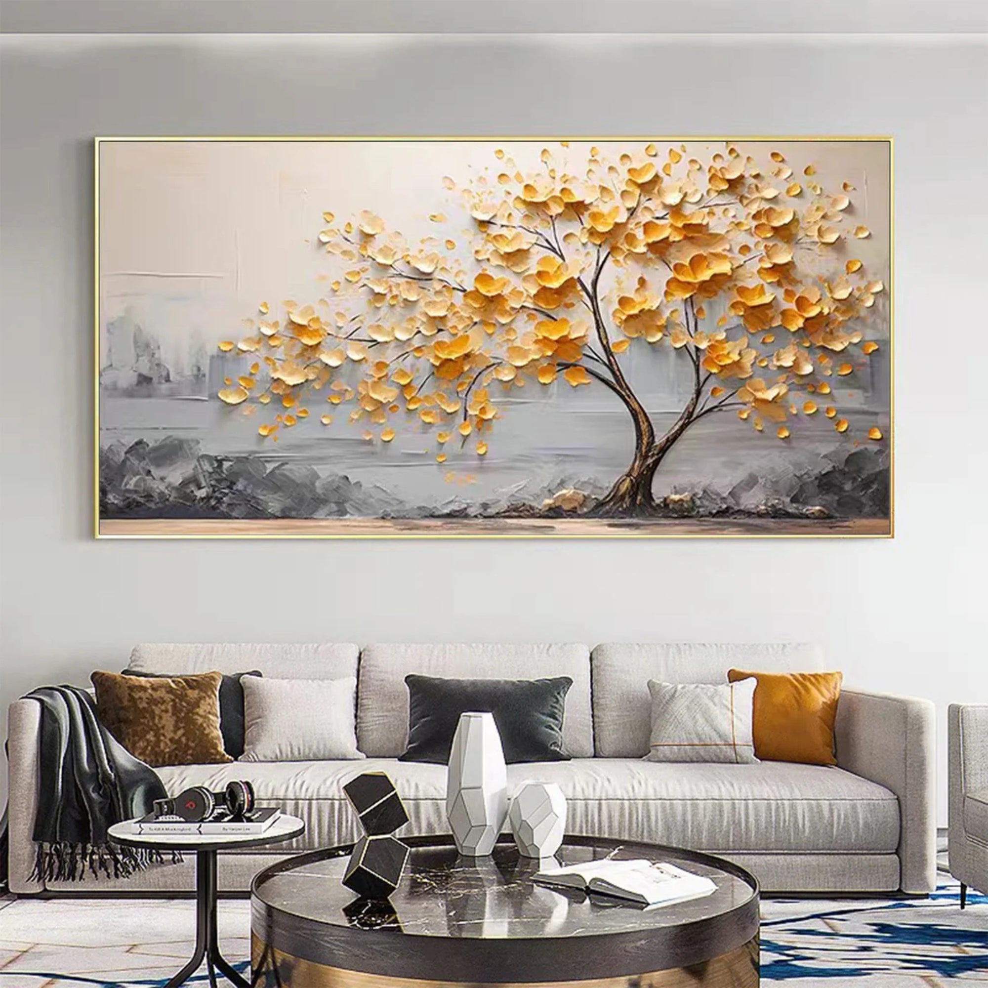 Invite warmth and sophistication into your home with this beautiful handmade oil painting featuring a vibrant golden tree in full flourish, radiating elegance and tranquility.